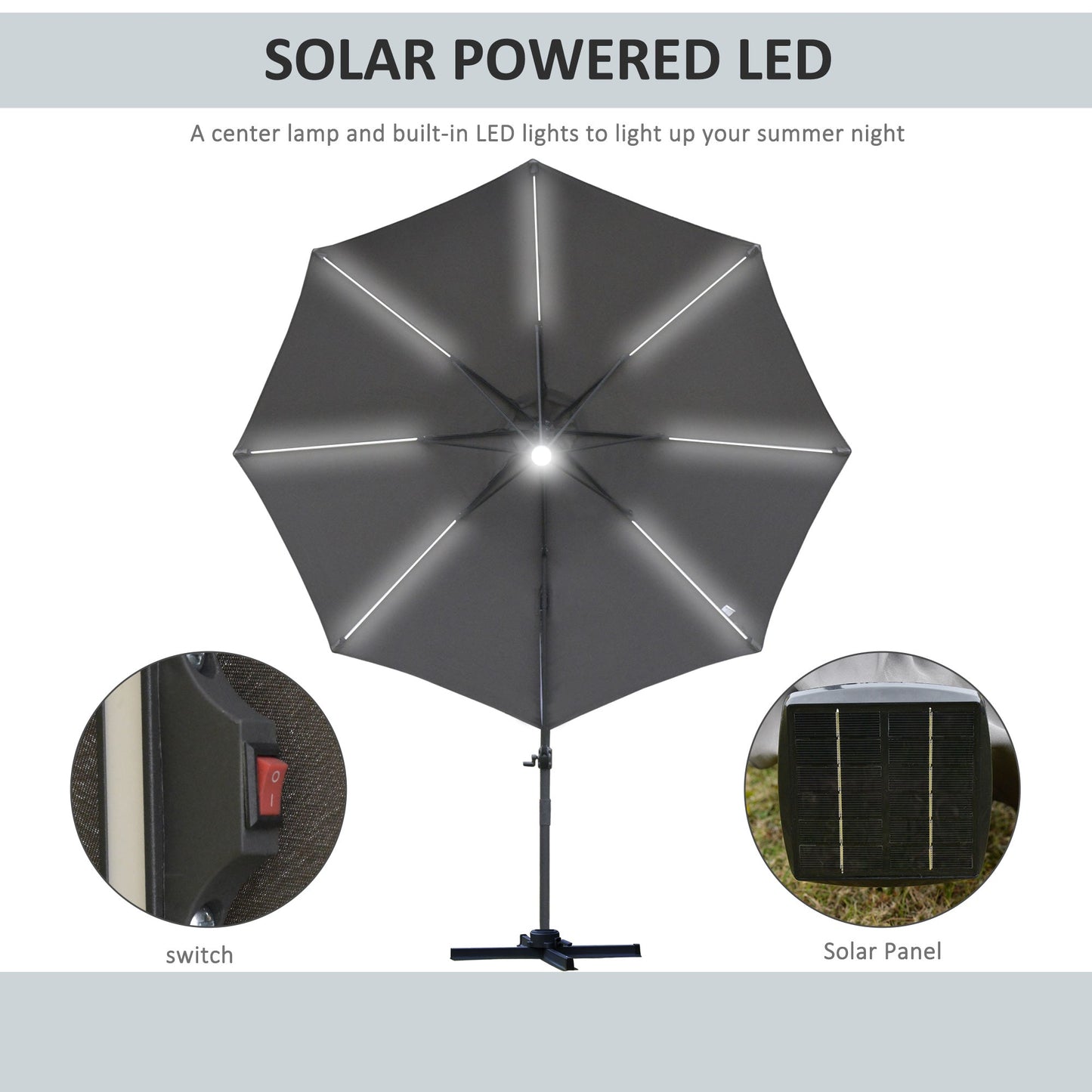 Outsunny 3(m) Parasol zewnętrzny LED Cantilever z podstawą i lampami solarnymi, szary