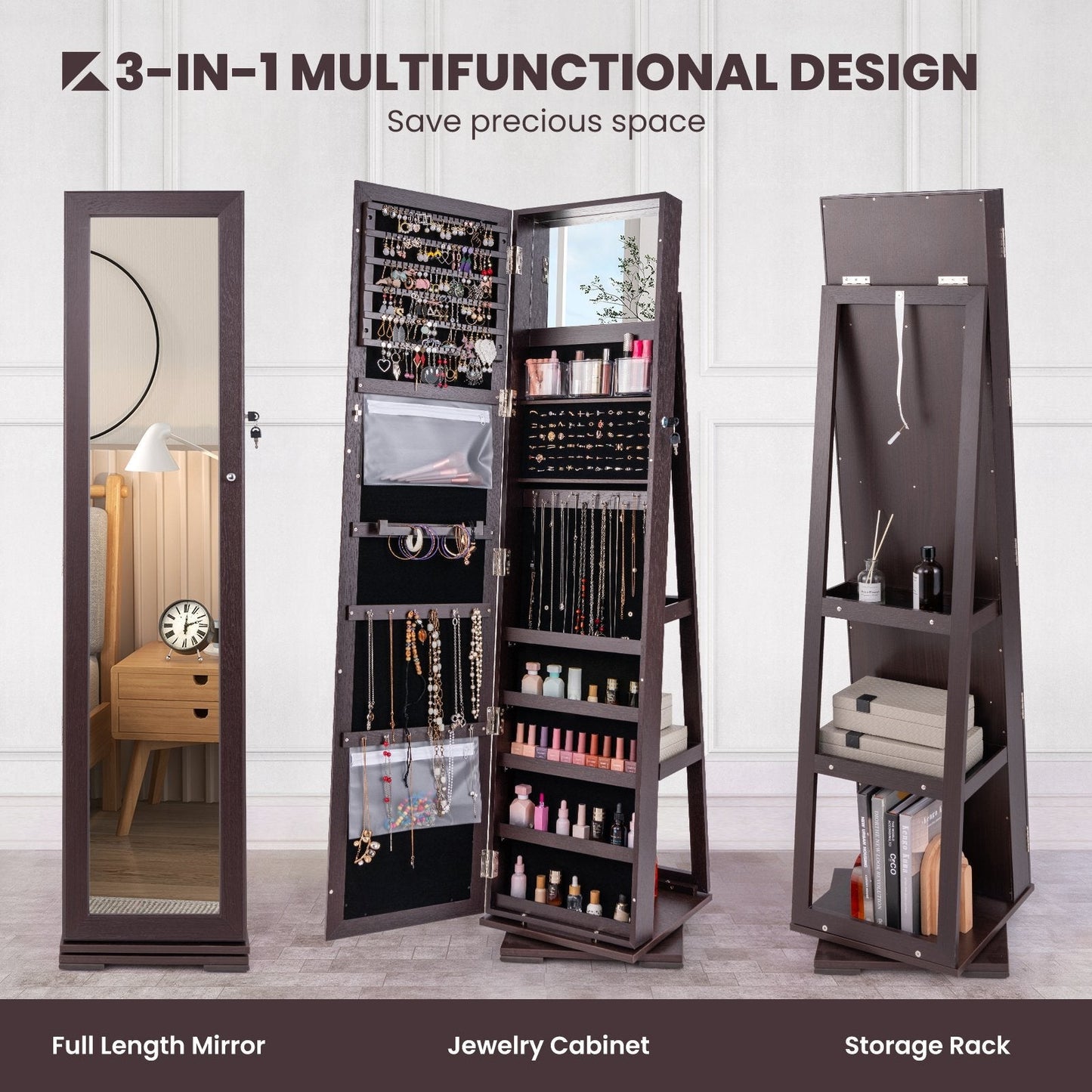 Full Length Mirrored Jewellery Cabinet Rotates 360° with Display Shelves-Coffee