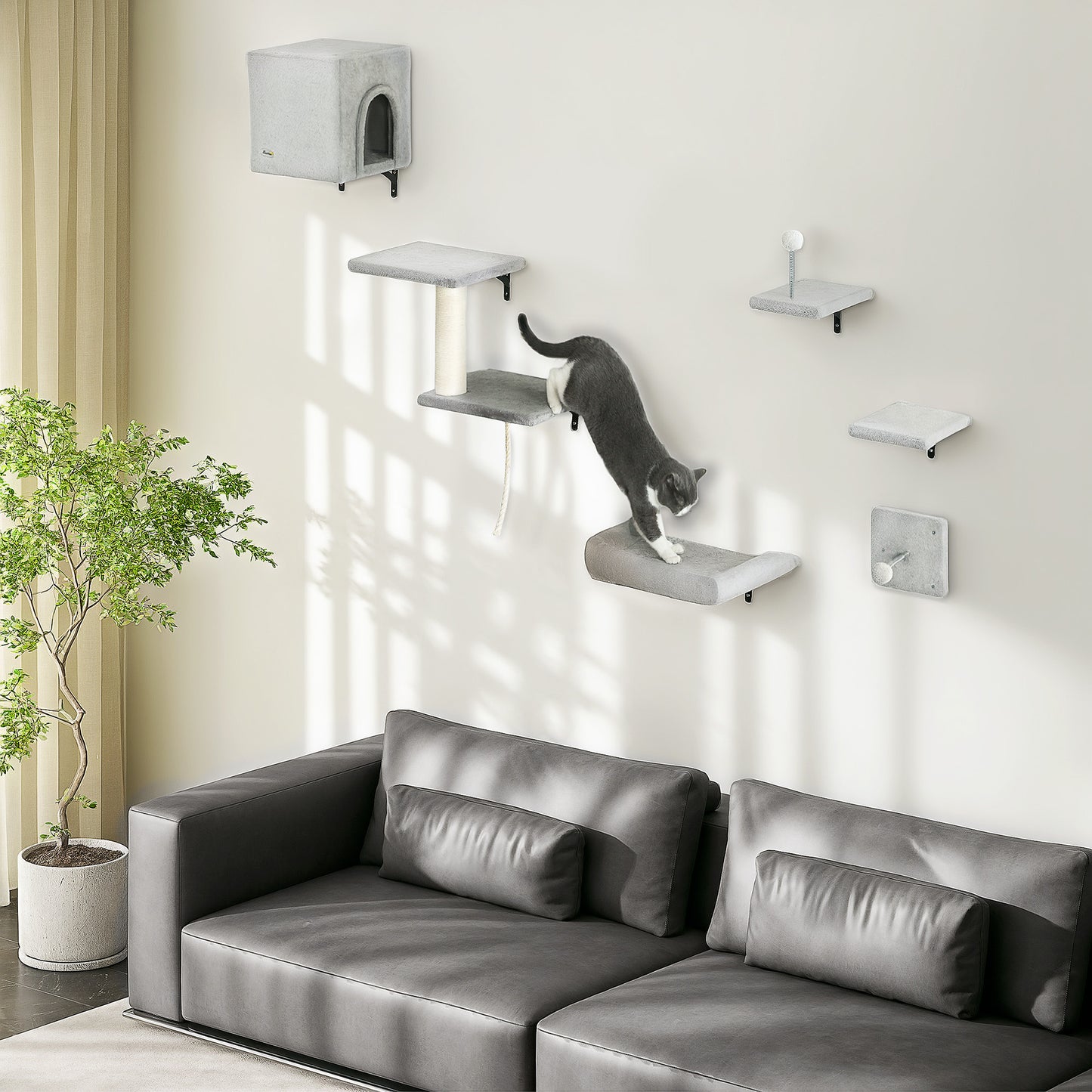 PawHut 6-Piece Cat Wall Shelves Set with Condo, Cat Wall Furniture with Platforms, Sisal Scratching Post, Bed, Toy Ball, Grey