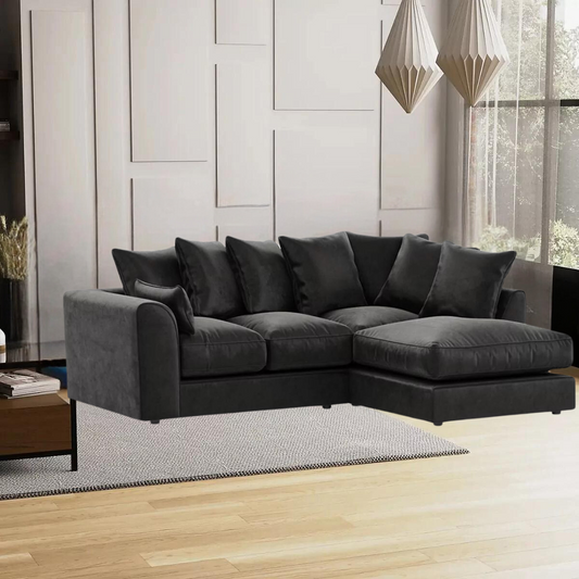 Bracknell Plush Black Velvet Corner Sofa - Right and Left Arm