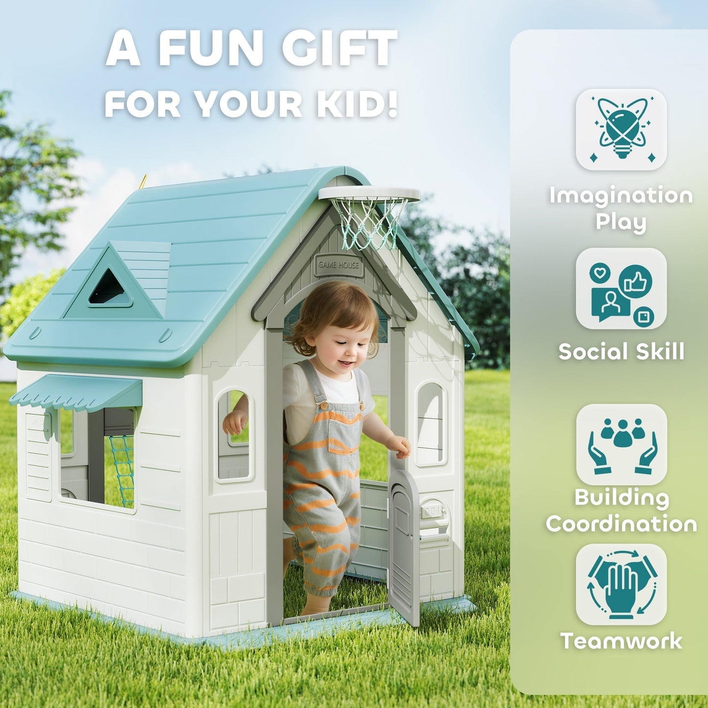 AIYAPLAY 5-in-1 Playhouse for Kids Outdoor Indoor with Basketball Hoop, Football Goal, Dartboard, Ring Toss for 2-5 Years, Beige