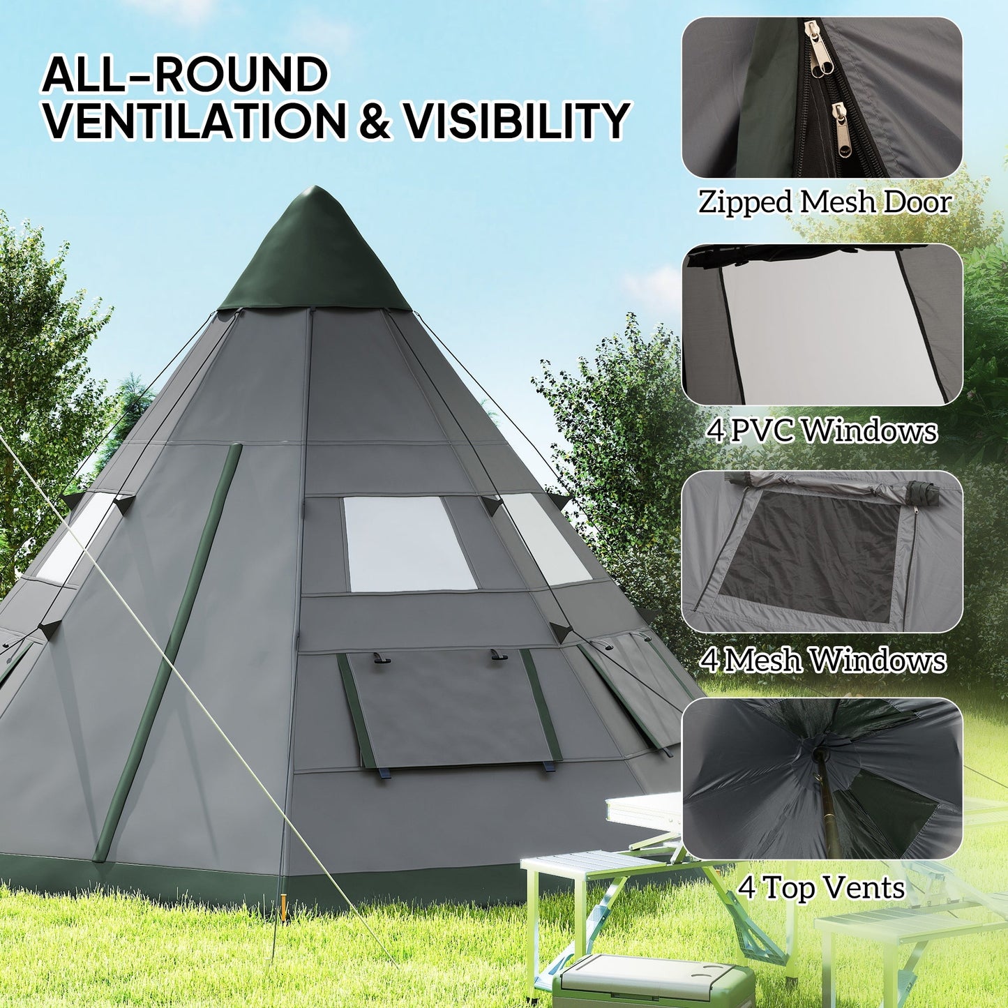 Outsunny 6 Men Tipi Tent z torbą transportową - szary