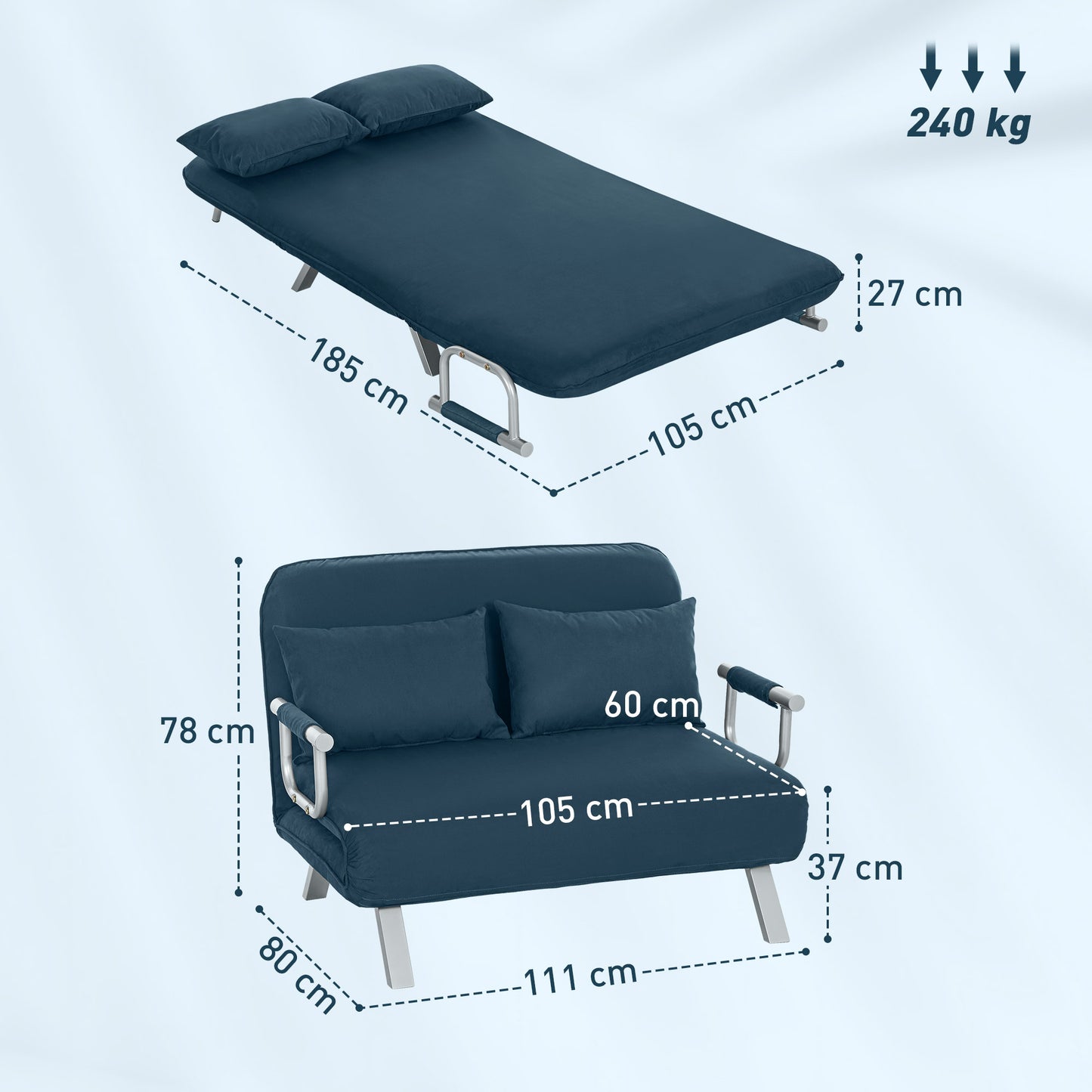 HOMCOM Two-Seater Click-Clack Sofa Bed - Navy Blue