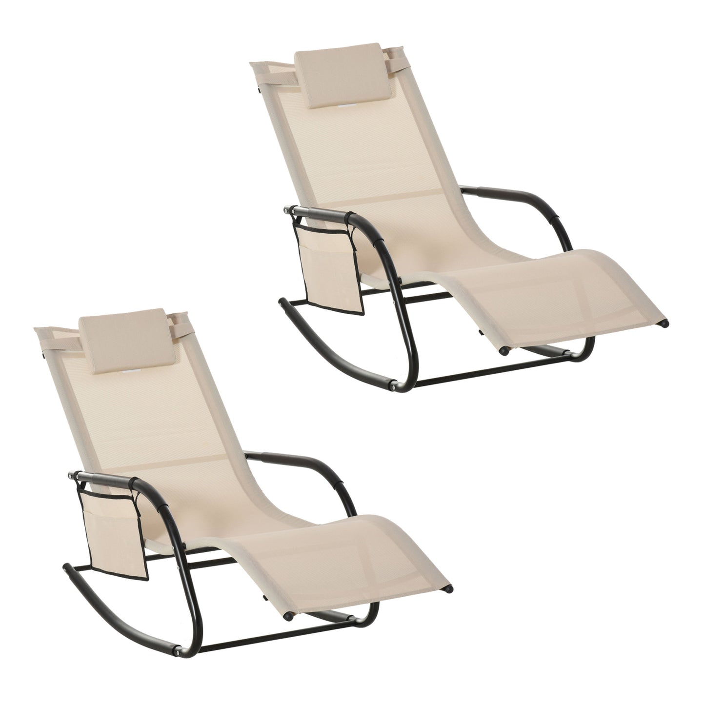 Outsunny 2PCs Outdoor Garden Rocking Chair, Patio Sun Lounger Rocker Chair z oddychającą siateczką, zdejmowana poduszka zagłówka, podłokietnik, boczna torba do przechowywania, kremowo-biały