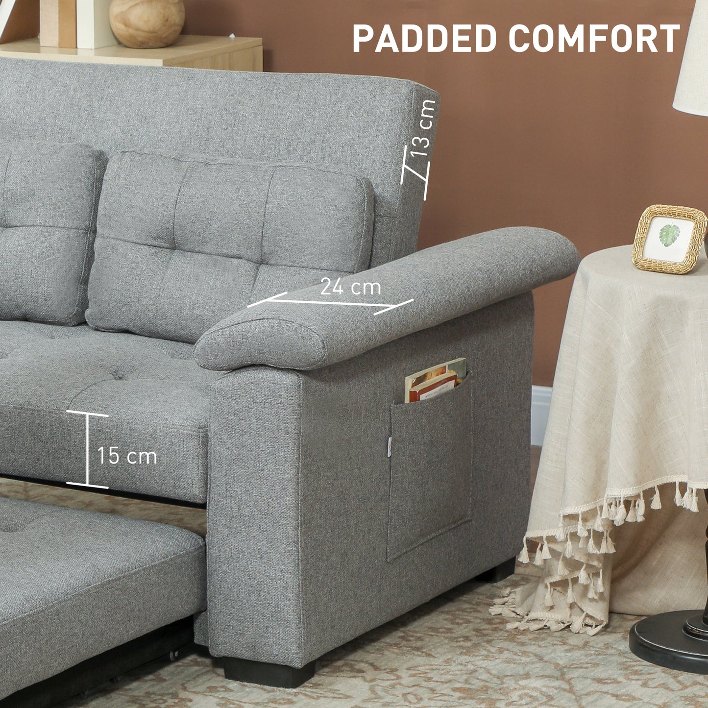 HOMCOM Pull Out Sofa Bed, Fabric 2 Seater Click Clack Sofa Bed Settee with 2 Pocket Springs, Convertible Sofa Couch with Pillows and Side Pockets for Living Room, Home Office, Light Grey