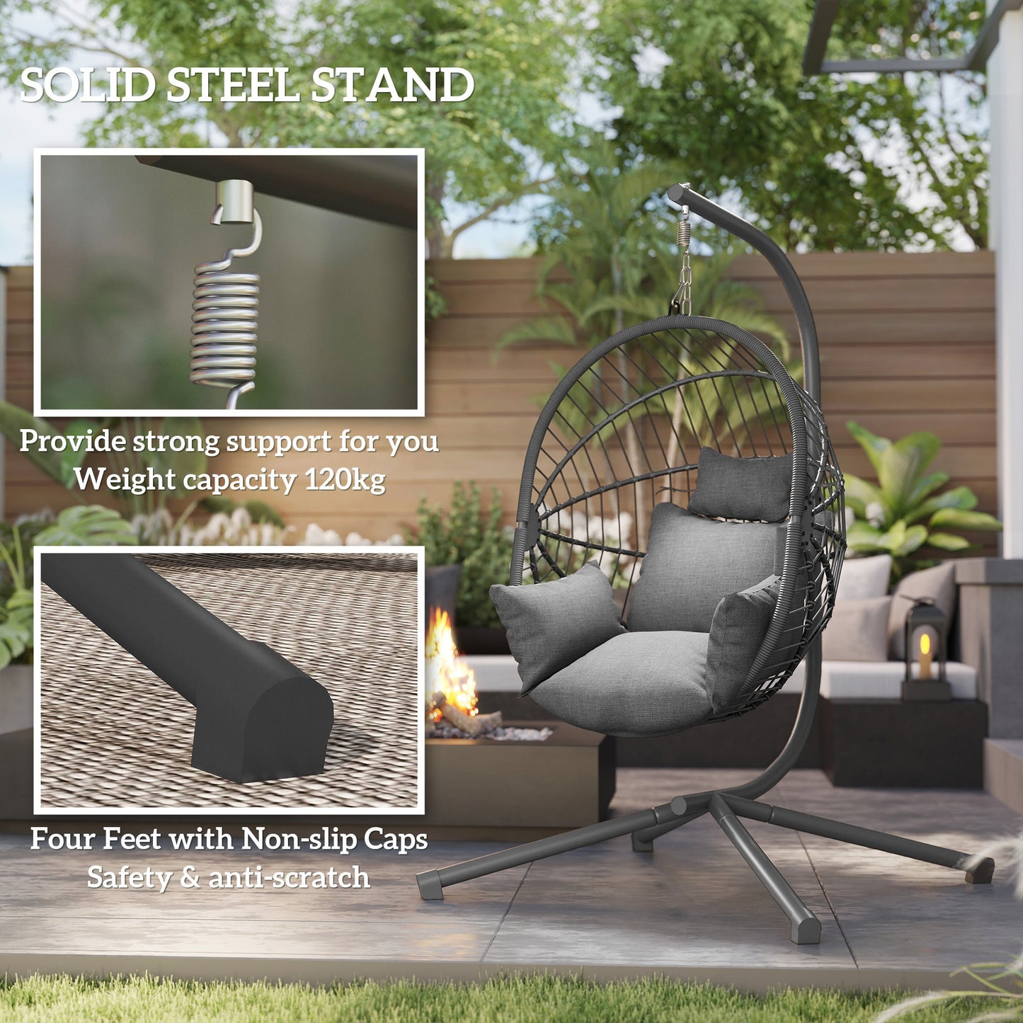 Outsunny Metal Stand Hanging Egg Chair, with Full Body Padded Seat - Grey