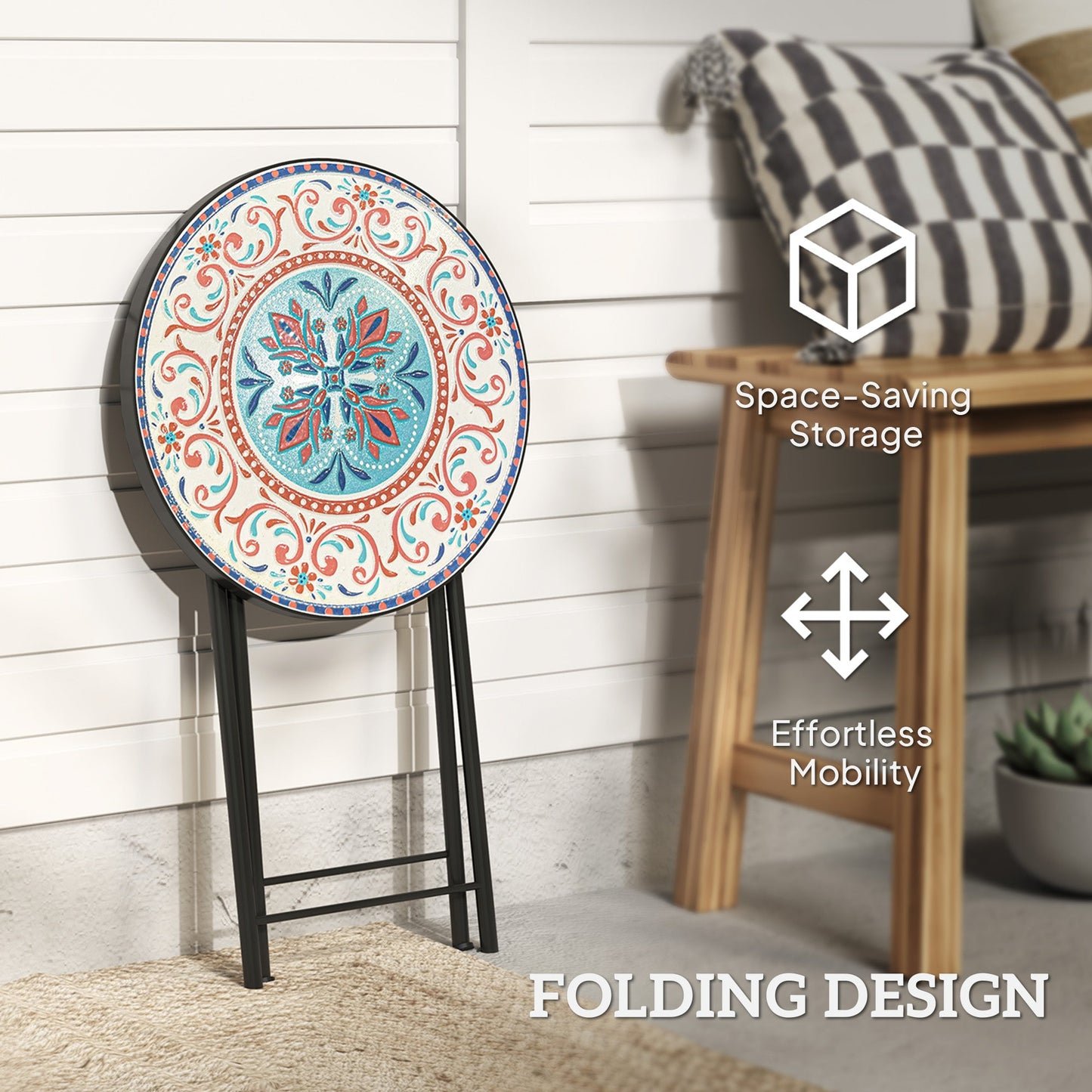 Outsunny Mosaic Outdoor Garden Table, 35.5cm Round Folding Coffee Table with Metal Frame for Balcony Terrace, Multicolour