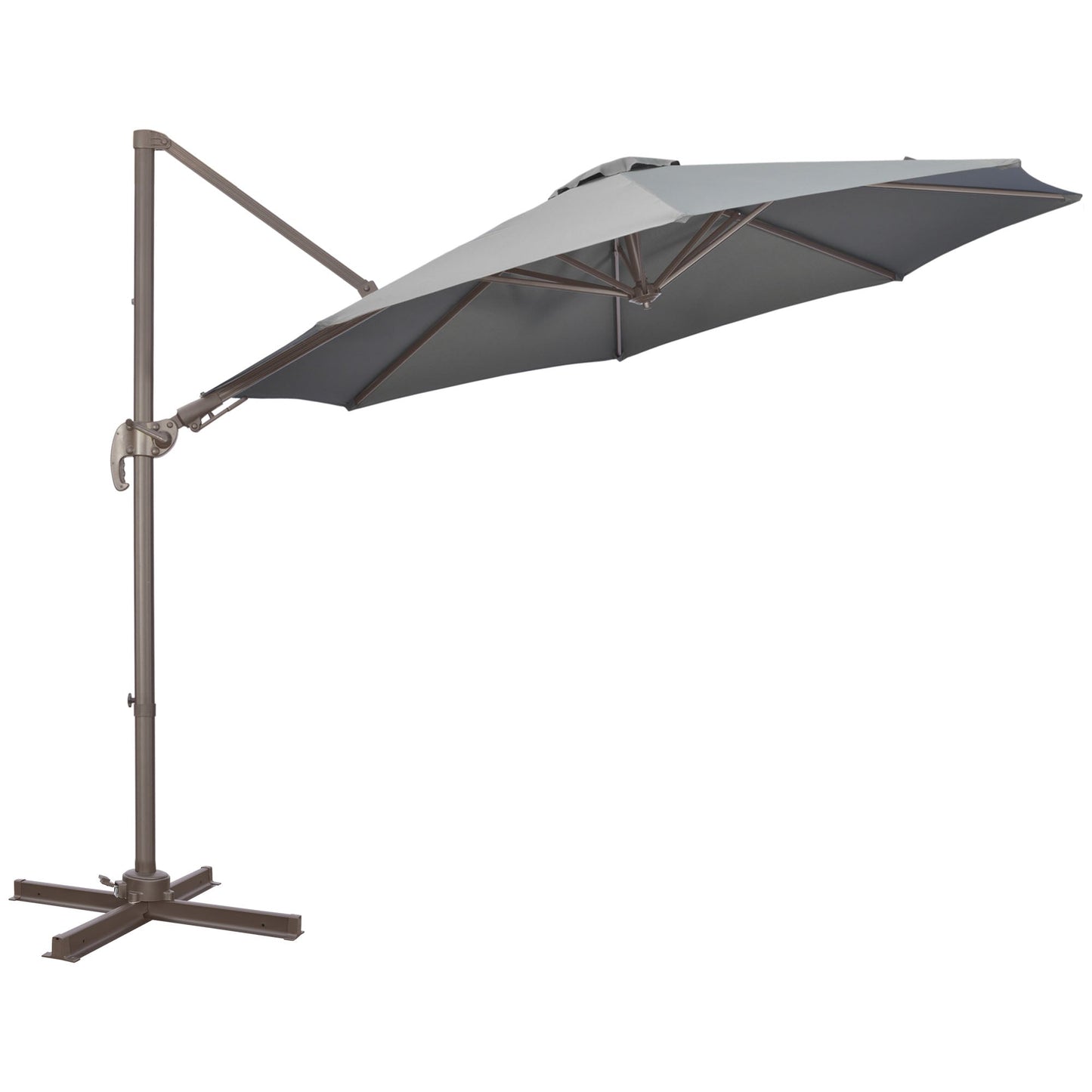 Outsunny 3(m) Cantilever Parasol 360 Rotation Roma Umbrella Hanging Sun Shade with Aluminium Frame, Tilt Crank, 8 Ribs and Cross Base, Dark Grey