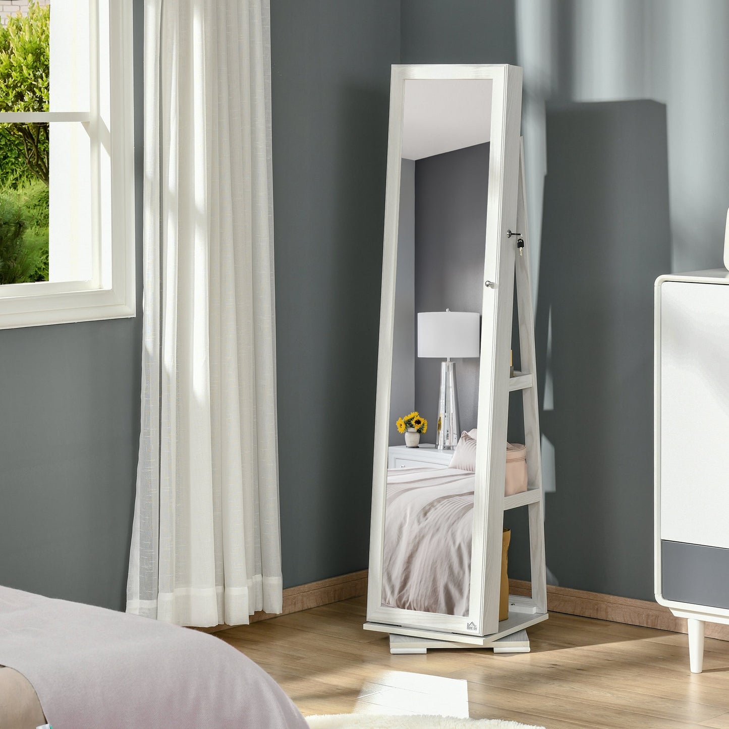HOMCOM 360¡ Swivel Jewellery Cabinet, Mirror Armoire, Full Length Mirror, Lockable Jewellery Organizer with Built-In Small Mirror, White