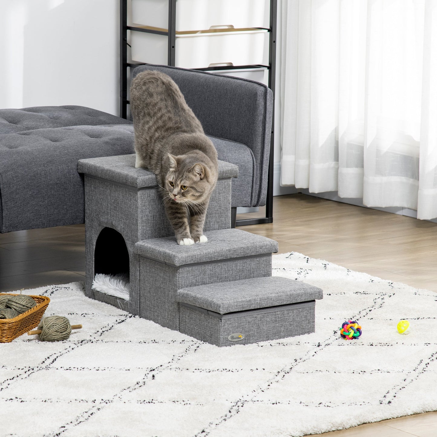 PawHut Dog Steps 3-stopniowe schody dla zwierząt z domkiem dla kociąt i 2 schowkami, rampa dla psa 3 w 1 na sofę ze zmywalną pluszową poduszką