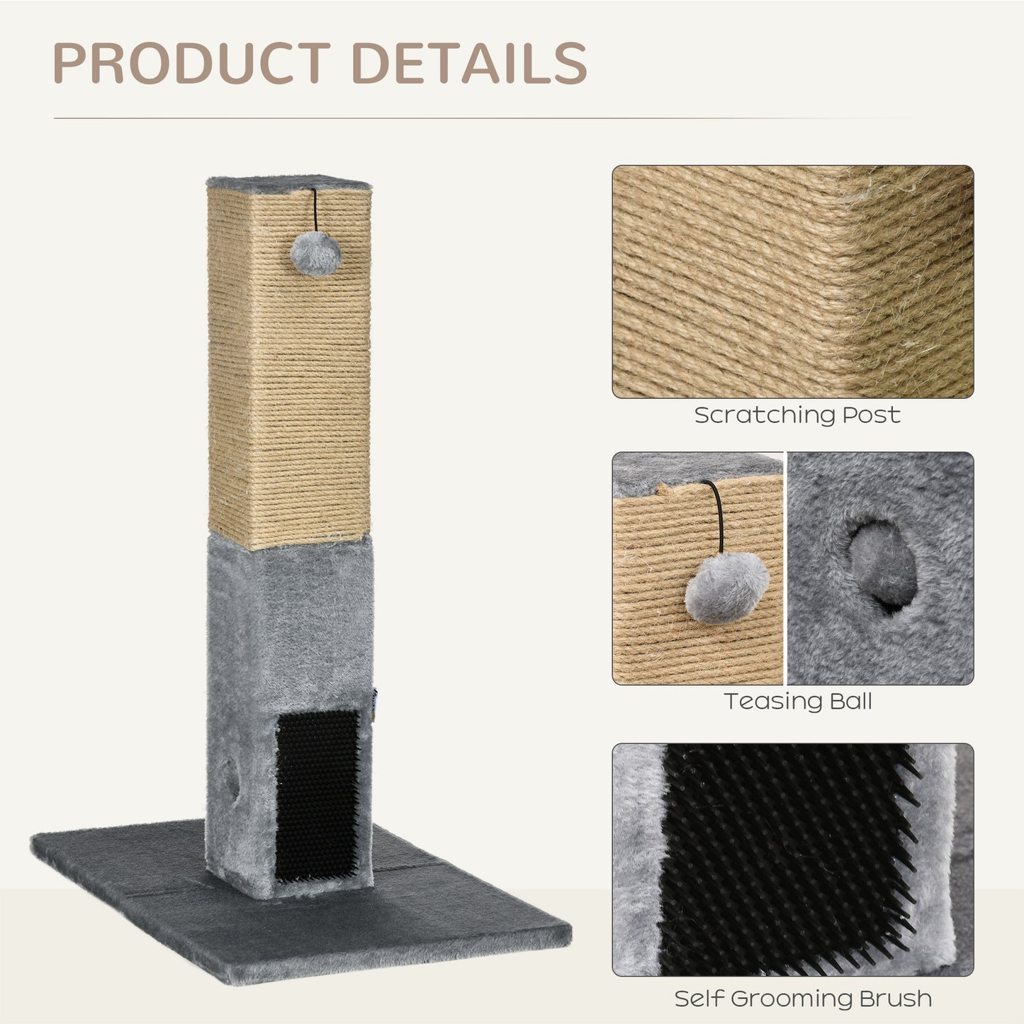 PawHut Cat Tree Scratching Post for Indoor Cats 79cm Jute Scratcher Climber w/ Carpet Base Dangling Toy – Grey