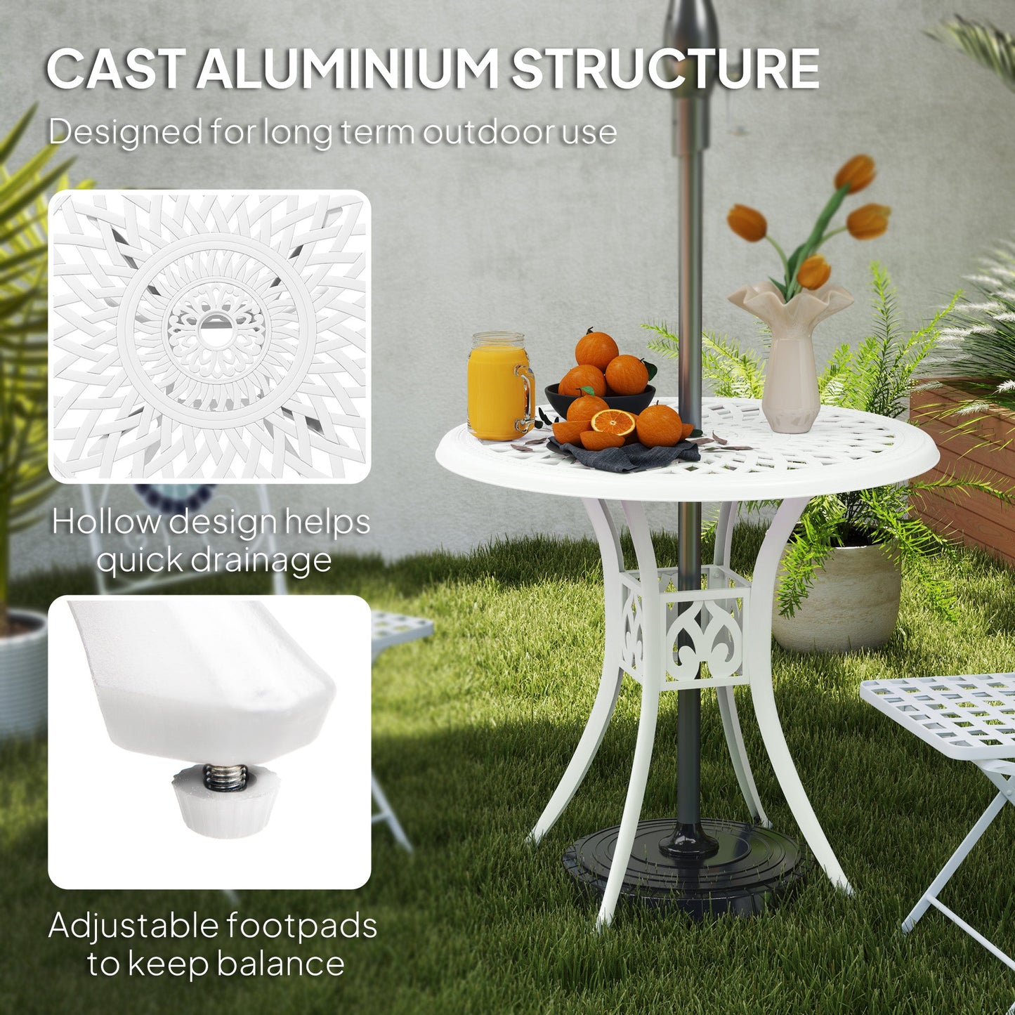 Outsunny 78 cm Round Garden Dining Table with Parasol Hole Antique Cast Aluminium Outdoor Table Only, White