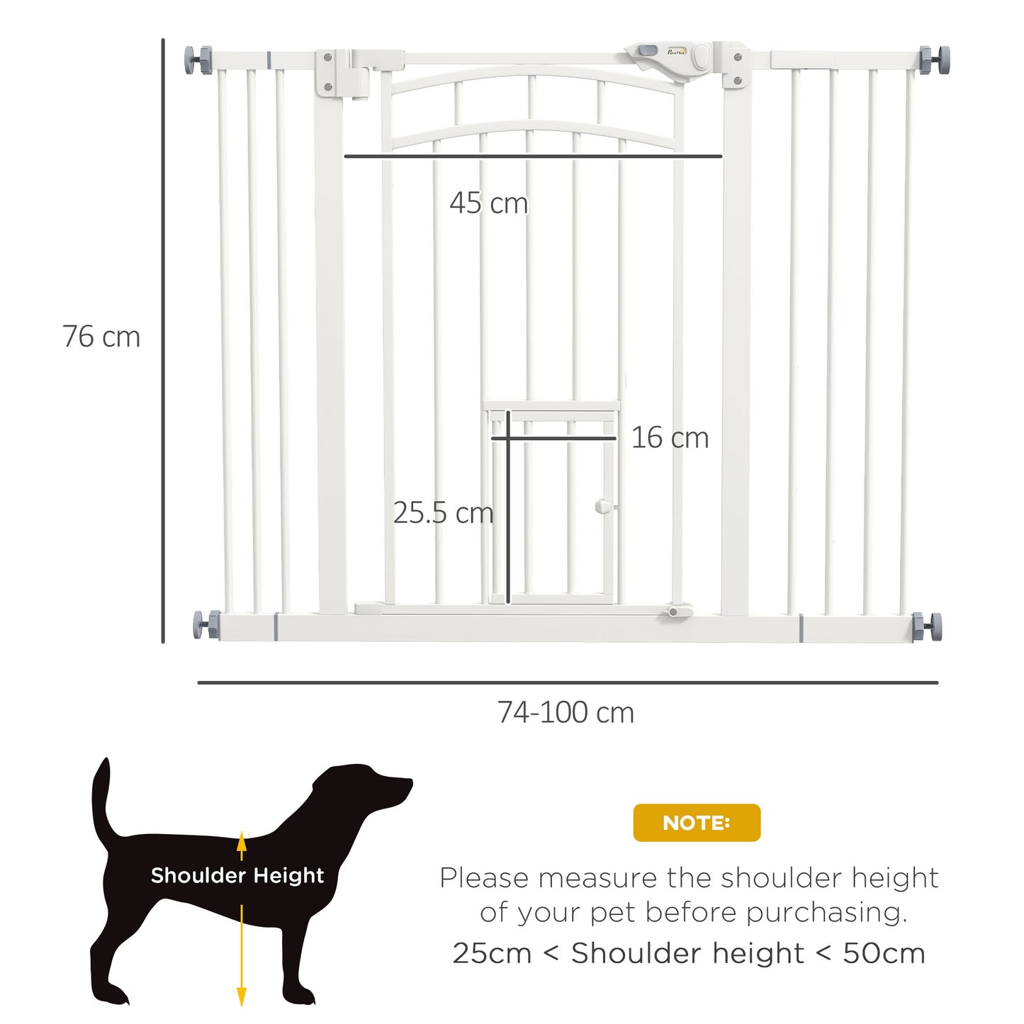 PawHut Pressure Fit Stair Dog Gate z drzwiczkami dla małych kotów, automatycznie zamykane drzwi, podwójna blokada, do otworów o szerokości 74-100 cm - biały