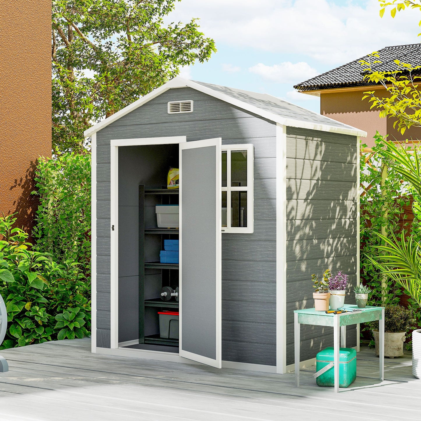 Outsunny 6 x 4ft Garden Shed, plastikowa szopa z podłogą, oknem, zamykanymi drzwiami i otworami wentylacyjnymi, imitacja drewna, szopa narzędziowa z żywicy na zewnątrz, szara