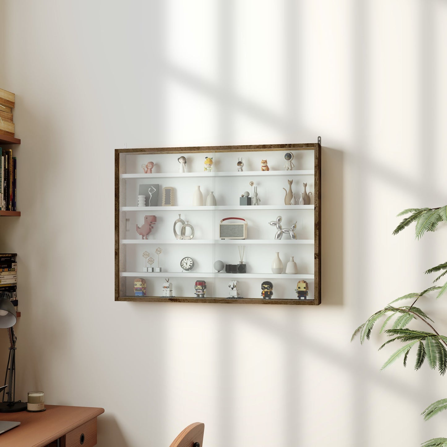 HOMCOM 5-poziomowa ścienna szafka ekspozycyjna z 4 regulowanymi półkami, szklanymi drzwiami, ozdoby do domowego biura, 60x80 cm, rustykalny brąz