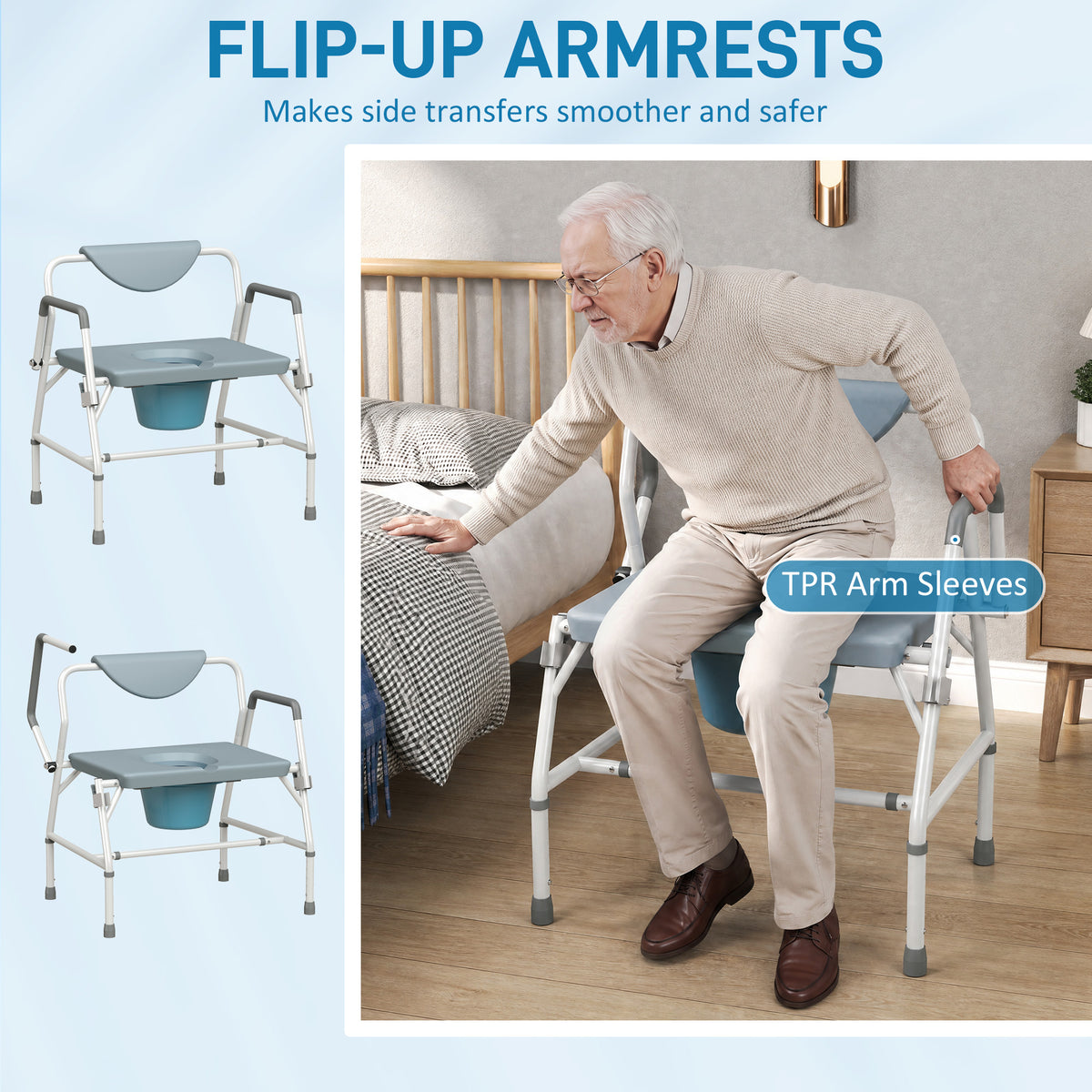 HOMCOM Height Adjustable Bedside Commode, Heavy Duty Commode Toilet Chair with Flip-Up Arms, White and Grey