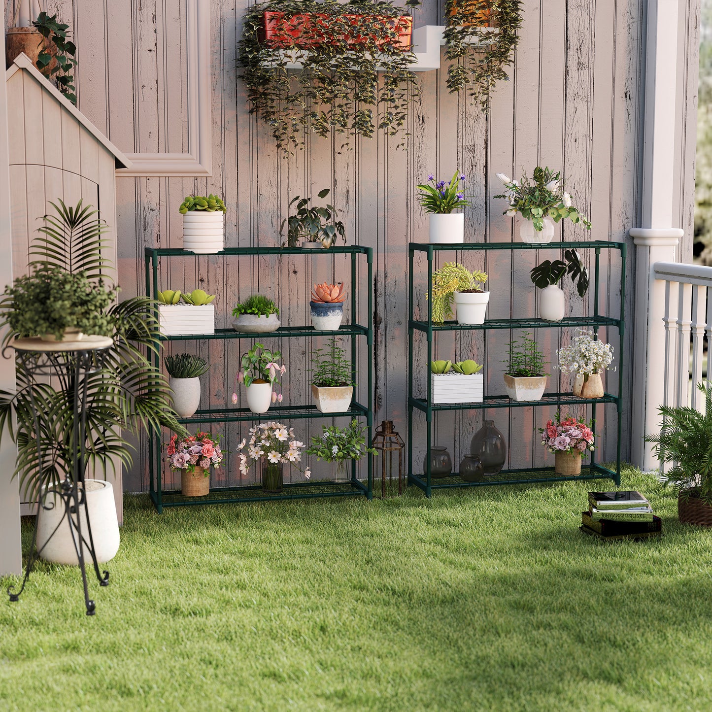 Outsunny Modern Plant Stand, 4-Tier Planter Holder with Steel Frame, Outdoor Flower Display Rack for Potted Plants Garden Balcony Decor, Dark Green