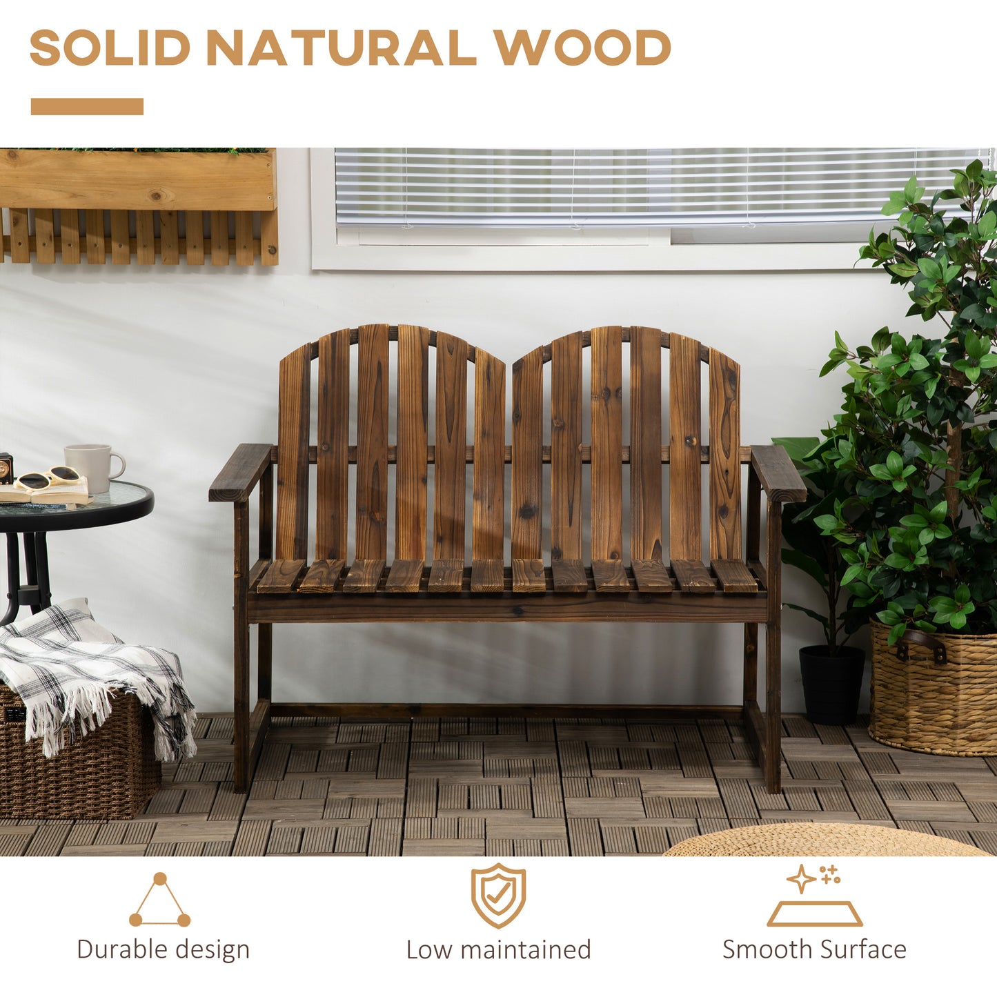 Outsunny Outdoor Drewniana Ławka Ogrodowa, Patio Doubleseat Chair z Listwowym Oparciem i Gładkimi Podłokietnikami dla Dwóch Osób, Do Ogrodu, Trawnika, Werandy, Wykończenie Karbonizowane