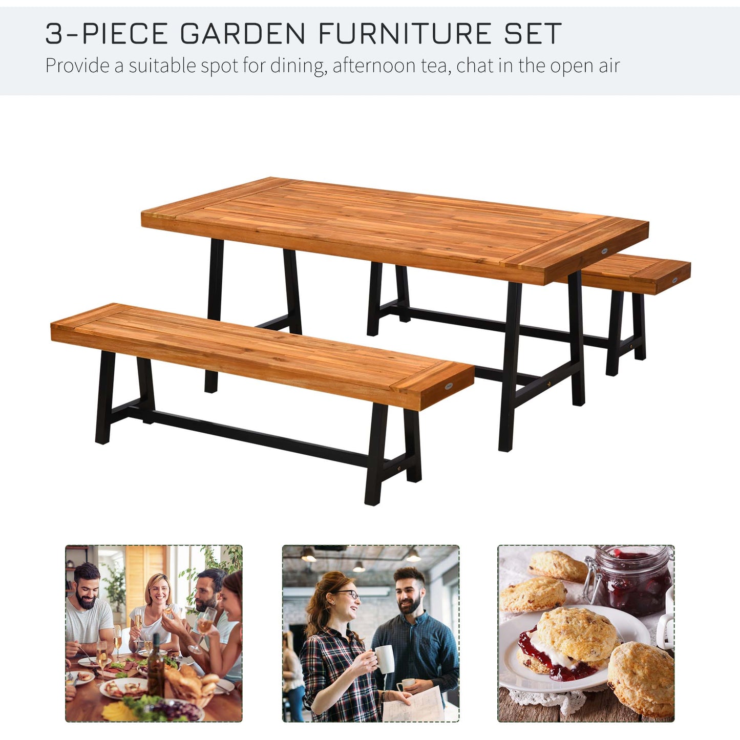 Outsunny Garden 3-częściowy stół piknikowy z drewna akacjowego i 2 ławki zestaw jadalny stolik piwny patio meble ogrodowe i do wnętrz
