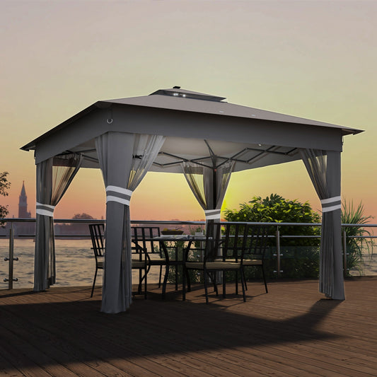Outsunny 3.36 x 3.36m Pop Up Gazebo Party Tent with Solar-Powered LED Lights, Adjustable Event Shelter with Netting, Grey