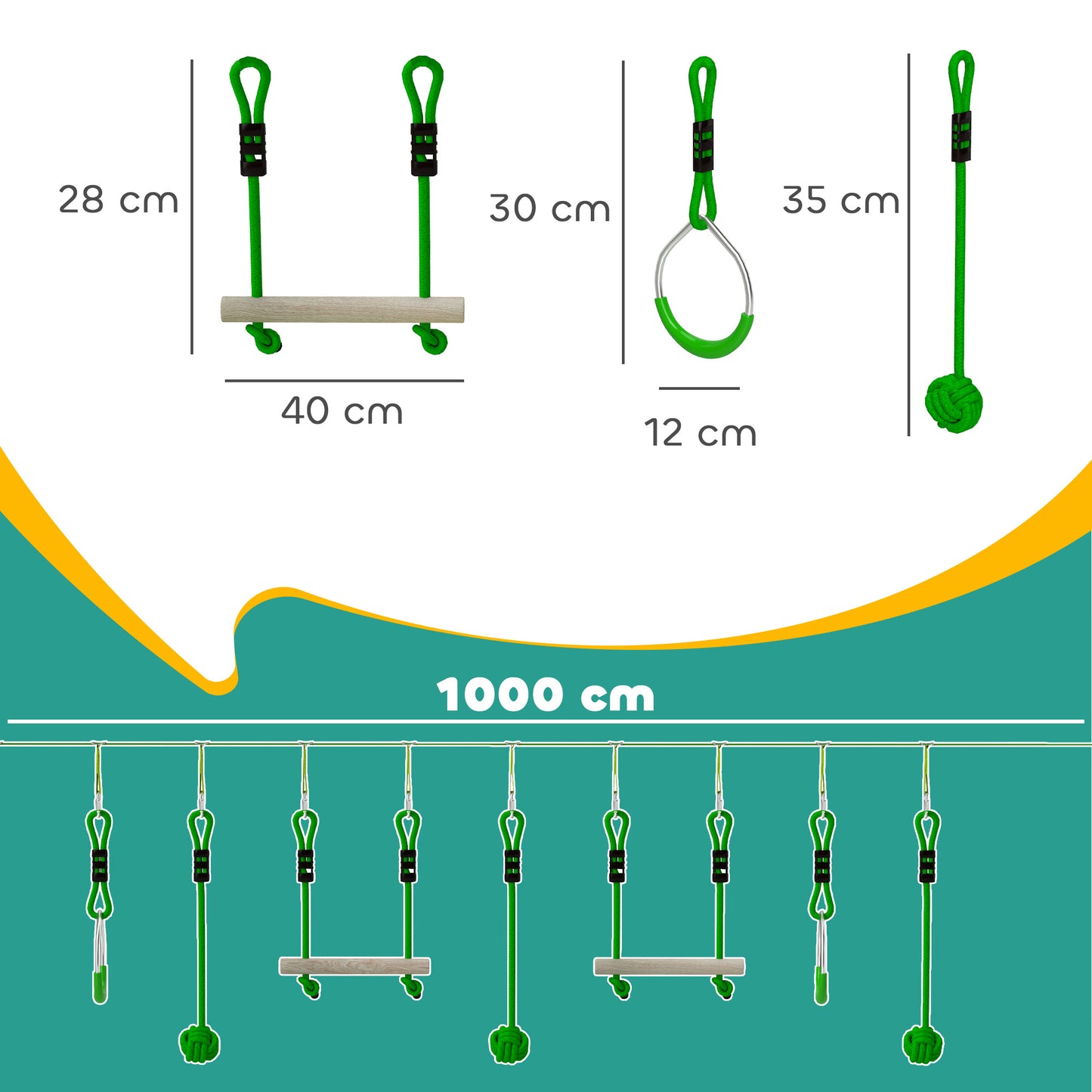 AIYAPLAY 7 Piece Kids Zip Line Kit for Garden, 10m Kids Slackline Kit with Wooden Monkey Bars, Metal Rings, Gripping Balls, Green