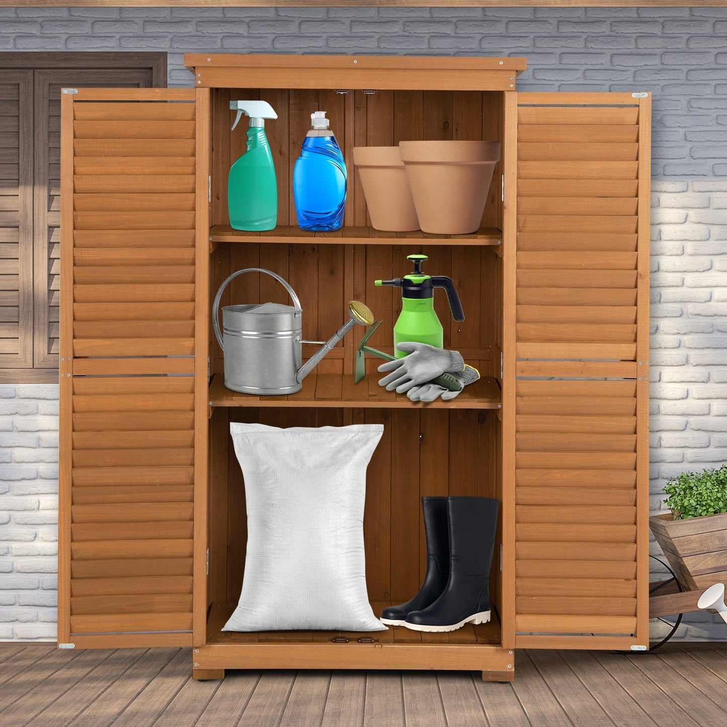 Outdoor Wooden Storage Shed with 3 Removable Shelves for Garden Deck-Natural