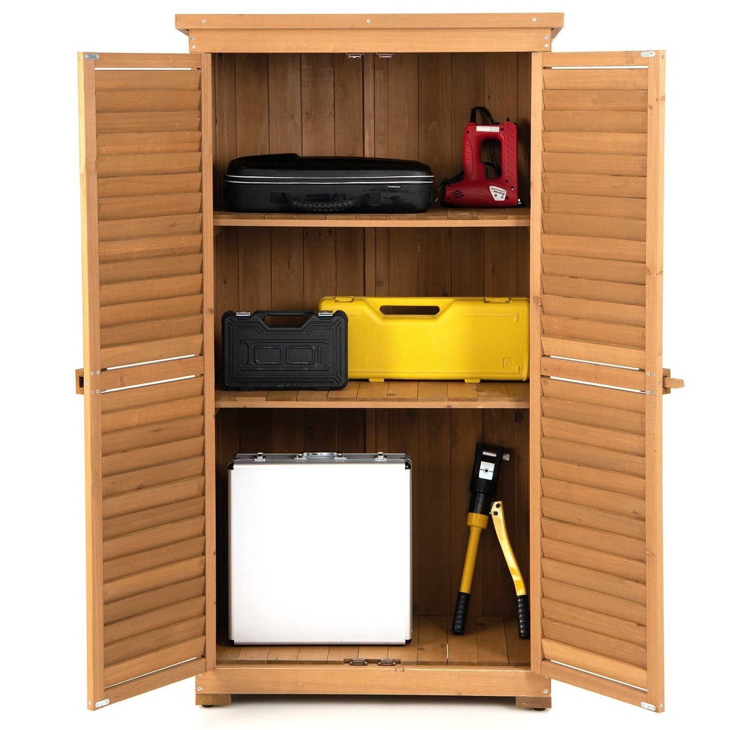 Outdoor Wooden Storage Shed with 3 Removable Shelves for Garden Deck-Natural