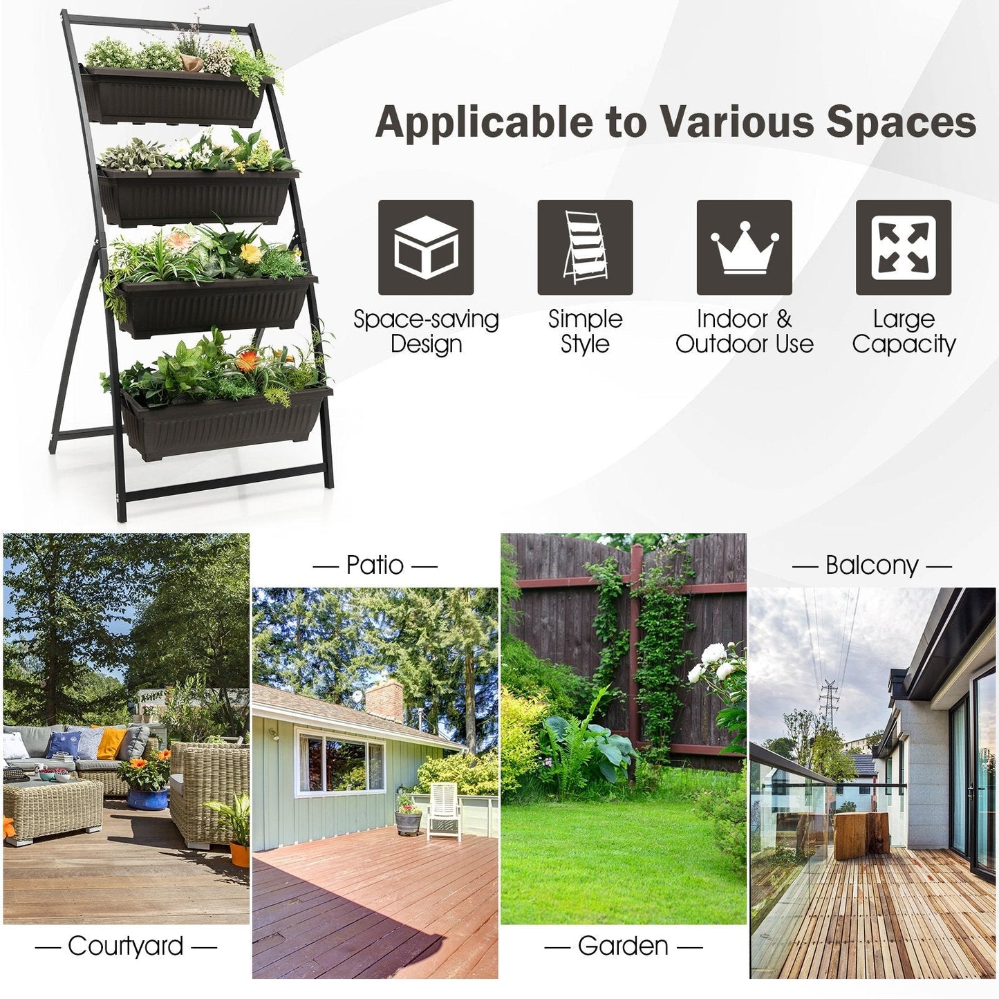163cm 4-Tier Vertical Garden Planter with 4 Container Boxes and Drainage Holes