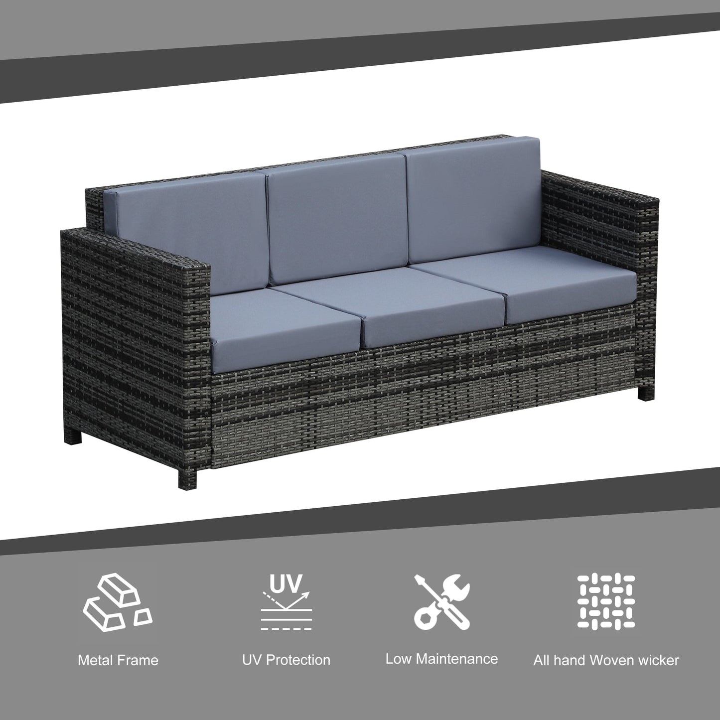 Outsunny 3-Seater Weather Resistant Outdoor Garden Rattan Sofa Grey