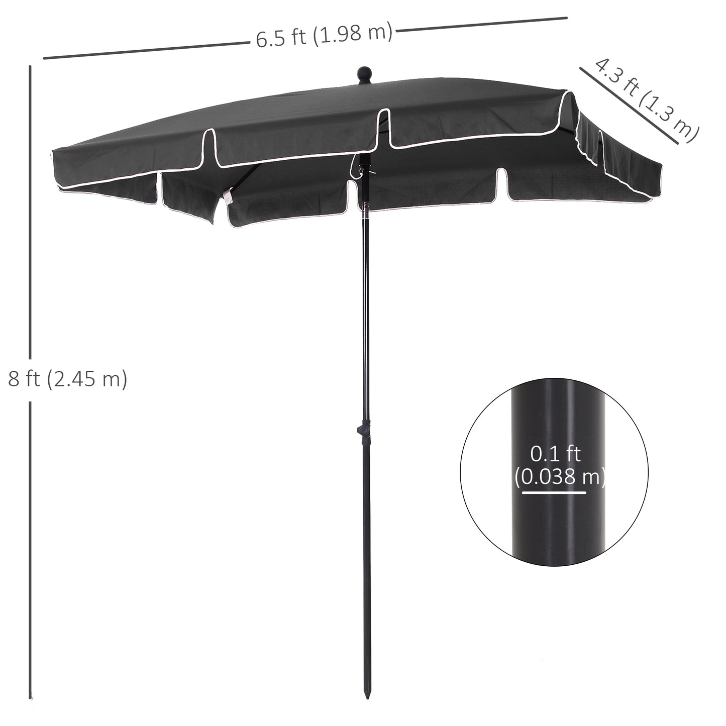 Outsunny Garden Parasol Parasol, Parasol ogrodowy na targowisko zewnętrzne z falbankami i aluminiowym drążkiem, prostokątny, uchylny daszek przeciwsłoneczny, 2 x 1,3 m, szary