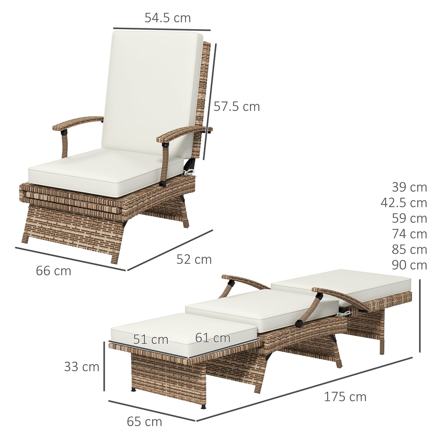Outsunny 80 Reclining Rattan Lounger - White/Brown