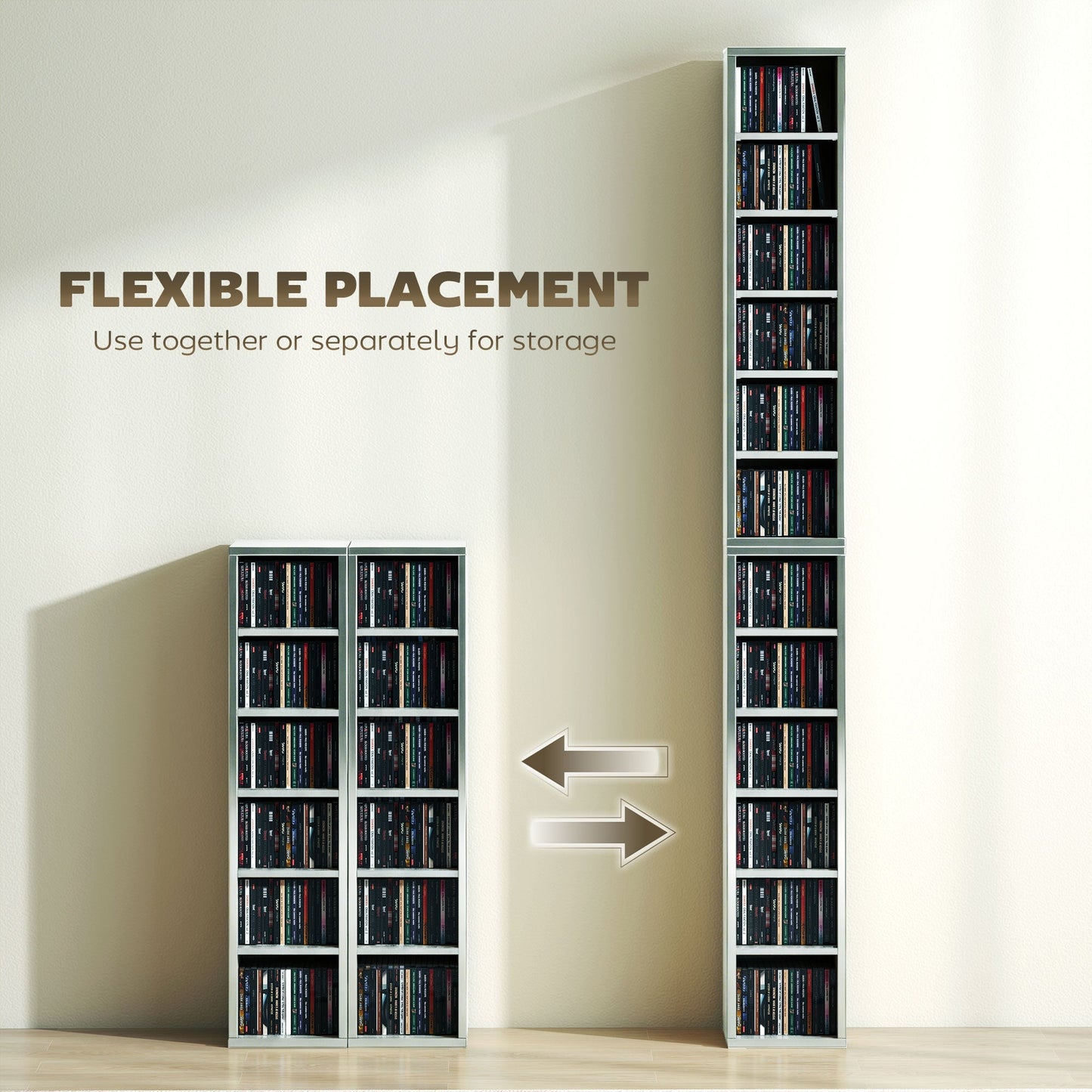 HOMCOM Set of 2 CD Media Display Shelf Unit Tower Rack with Adjustable Shelves, High Gloss Grey