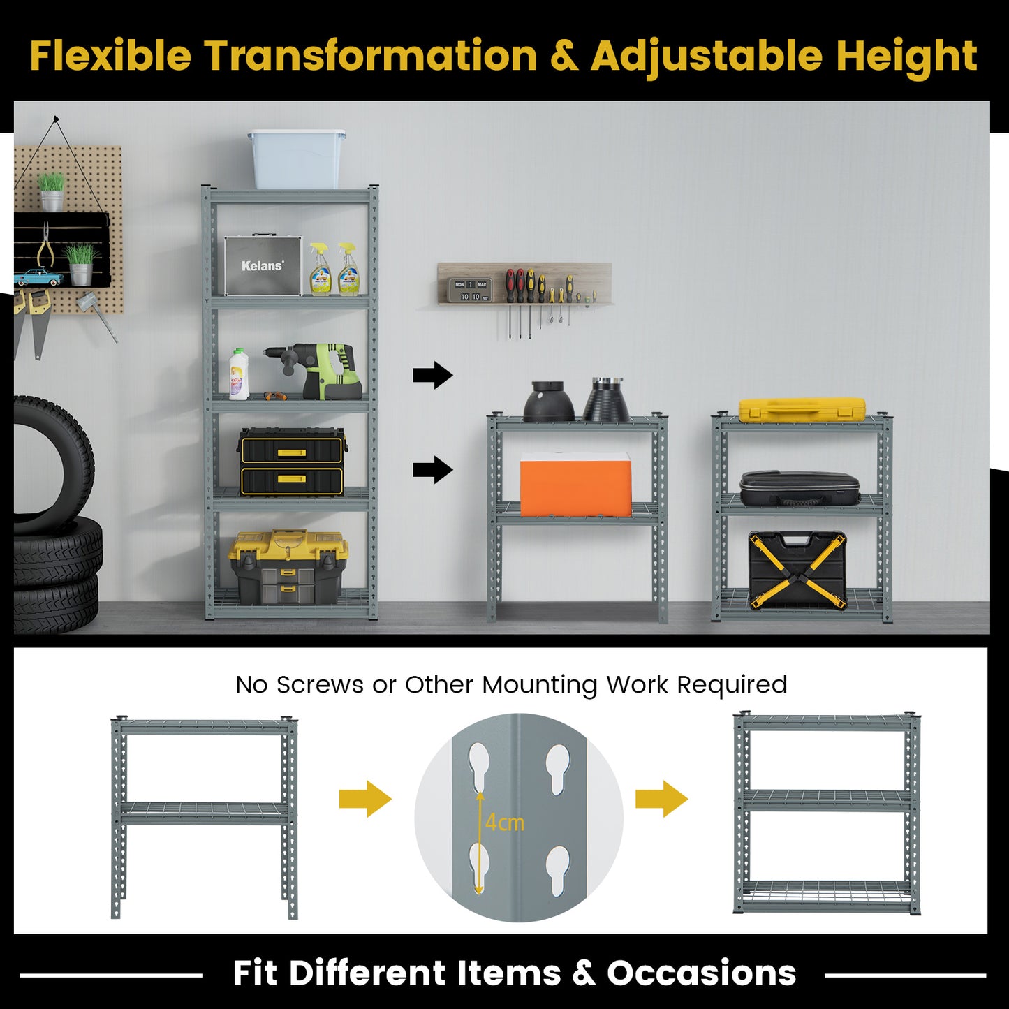 5-Tier Garage Metal Storage Shelves Shelving Unit-Grey
