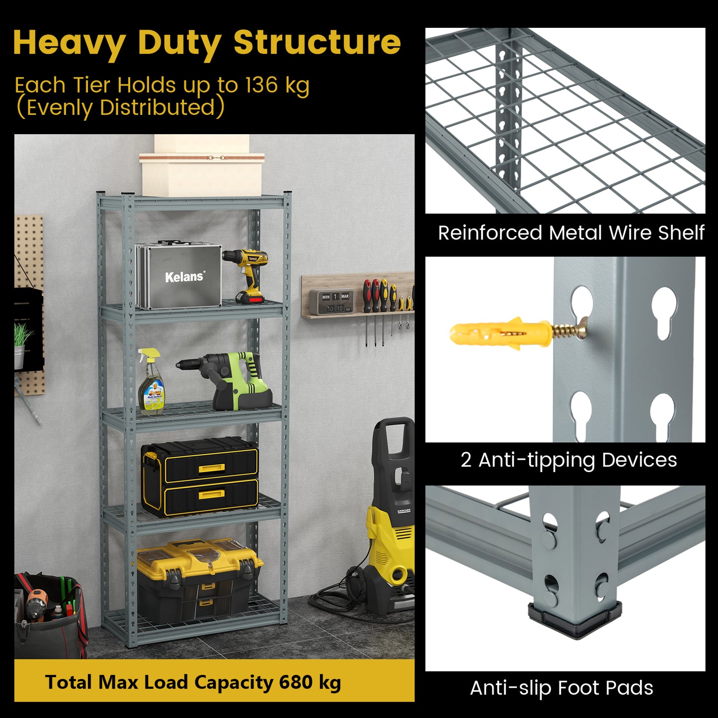 5-Tier Garage Metal Storage Shelves Shelving Unit-Grey