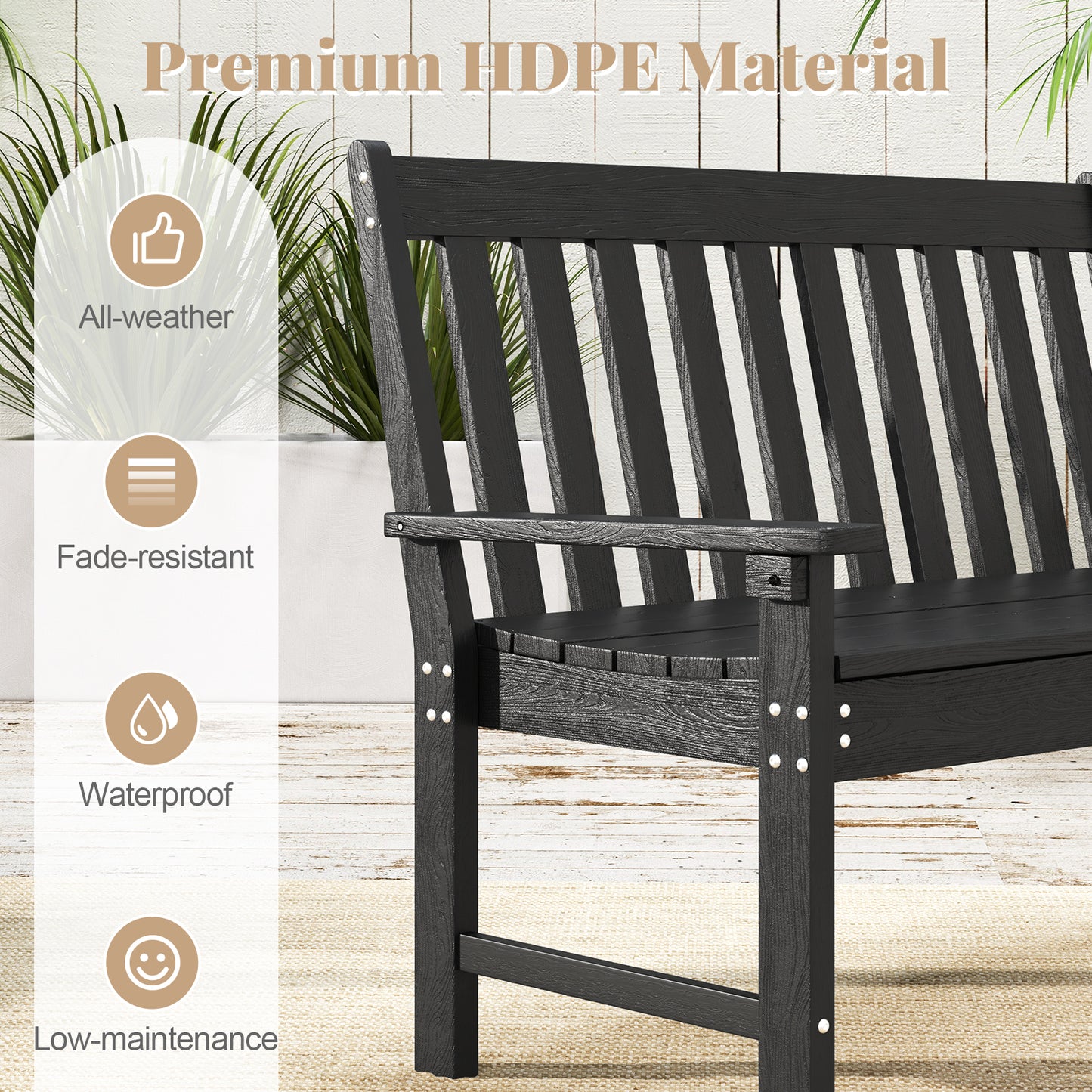 132 CM All-Weather HDPE Garden Bench with Backrest and Armrests-Black