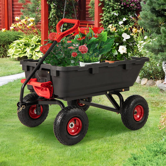 Garden Dump Cart with Adjustable Handle and Quick Dump Design-Red & Black