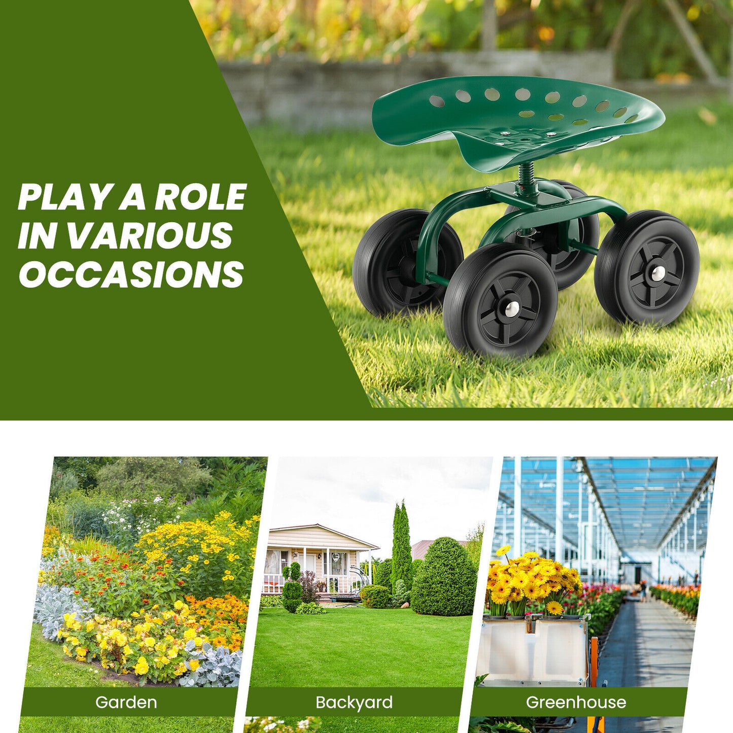 Rolling Garden Workseat with 360°Swivel Seat and Adjustable Height-Green
