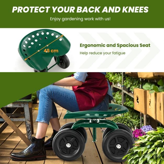 Garden Rolling Workseat with 360°Swivel Seat and Adjustable Height-Green