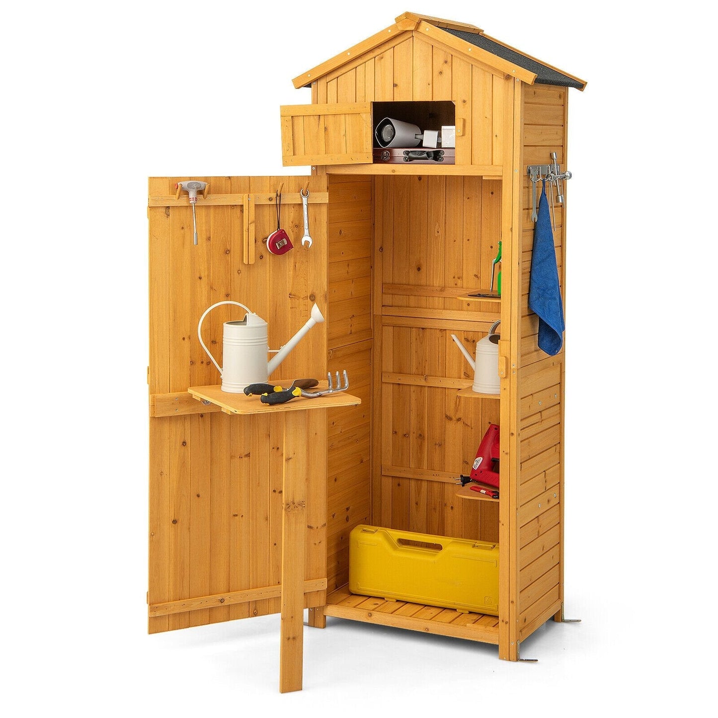 180.5CM Tall Outdoor Storage Cabinet with Lockable Doors and Foldable Table-Natrual