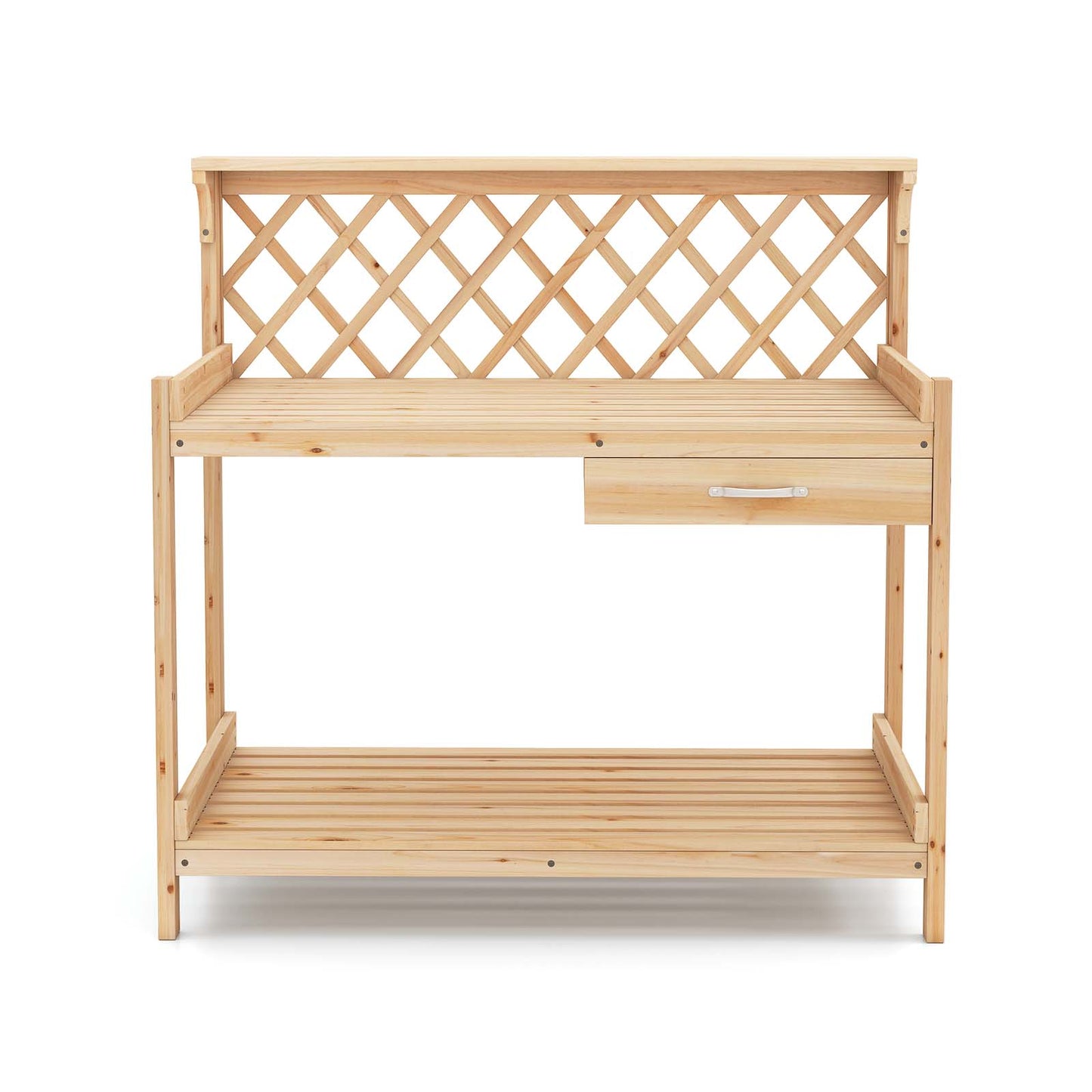 Garden Potting Bench Table with Lattice Trellis and Removable Drawer