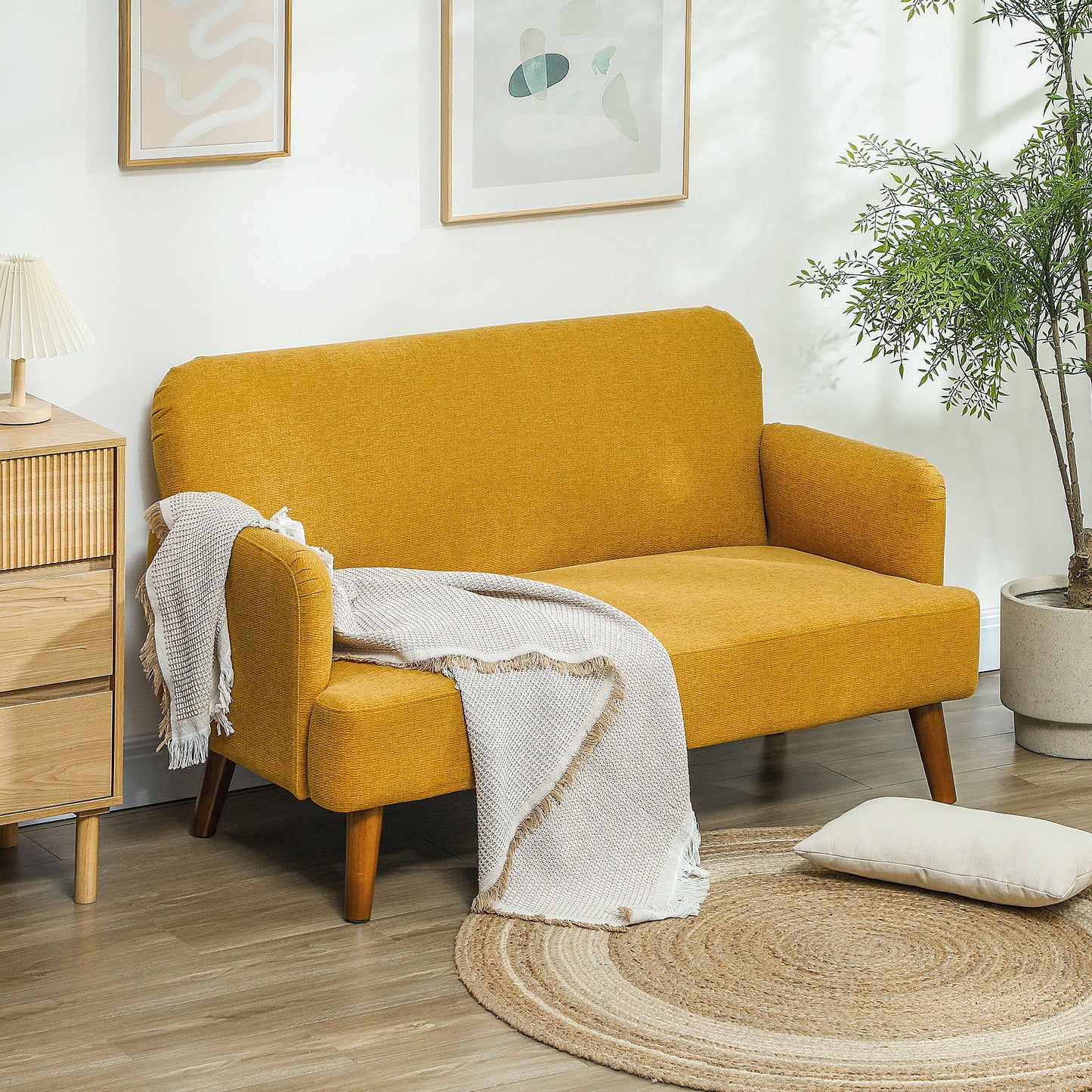HOMCOM Sofa dwuosobowa z tkaniny Velvet Feel, mała sofa dwuosobowa z wypełnieniem o grubości 21 cm i drewnianymi nogami, żółta