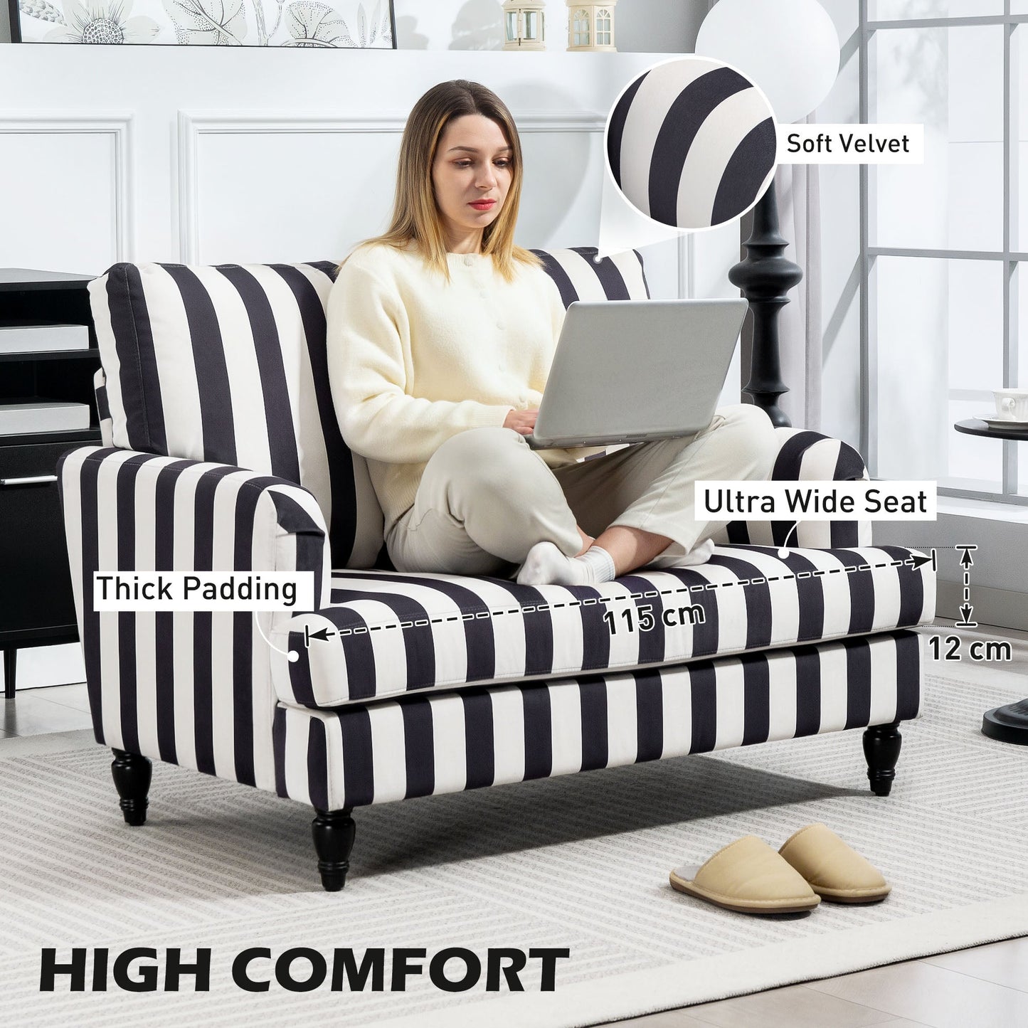 HOMCOM Modern Cuddle Chair, Velvet Single Sofa Armchair with Stripe, Turned Legs and Wide Seat, Upholstered Snuggle Chair for Living Room, Bedroom, Black and White