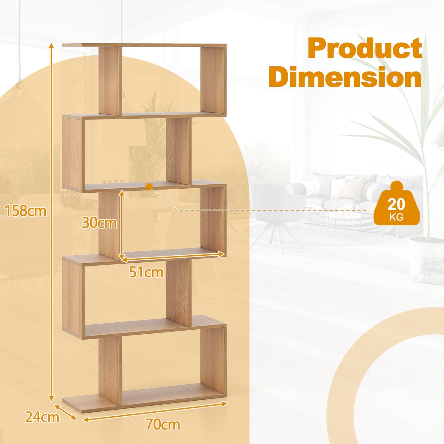Geometric S-Shaped Bookcase with Anti-Toppling Device for Living Room Home Office-Natural