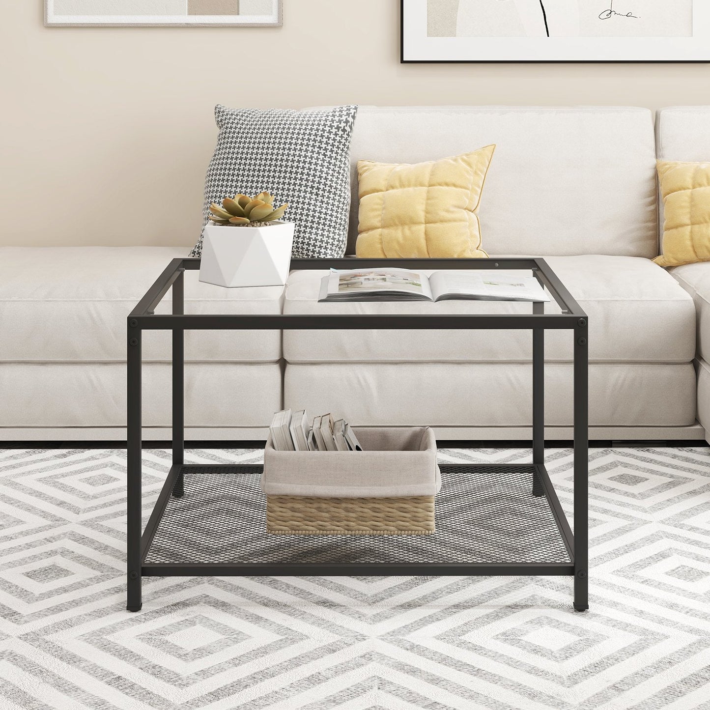 Modern 2-Tier Square Glass Coffee Table with Storage-Black
