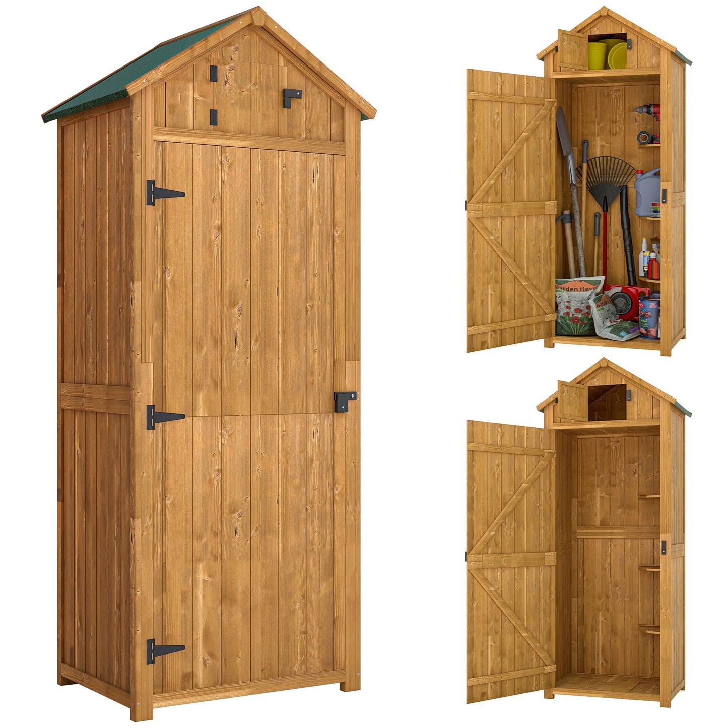 Outsunny Garden Shed Wood Outdoor Garden Tool Storage Unit with 3 Detachable Shelves, 77 x 54.2 x 179cm, Brown
