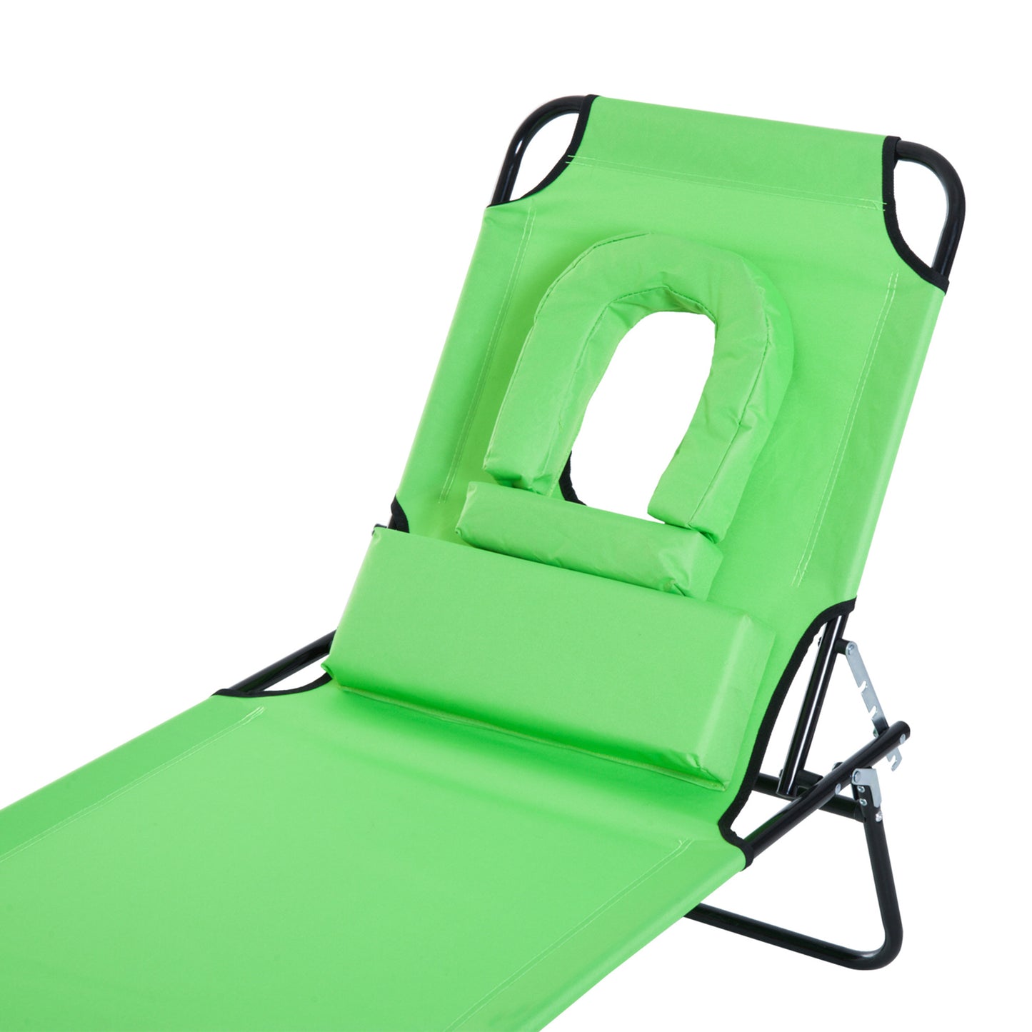 Outsunny Outdoor Folding Sun Lounger with Face Hole, 4 Level Adjustable Backrest Reclining Garden Lounger, Garden Recliner Sunbed with 600 D Oxford Cloth Seat and Pillow for Beach, Green