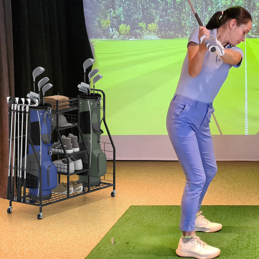 Golf Bag Storage Organizer for 2 Golf Bags and Golf Equipment Accessories-Black