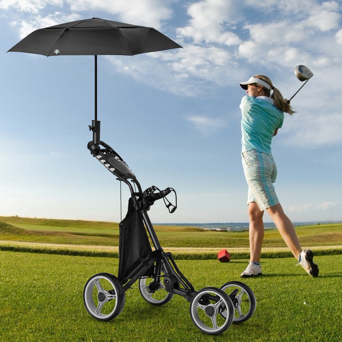 Golf Push Pull Cart with Waterproof Bag and Foot Brake-Grey