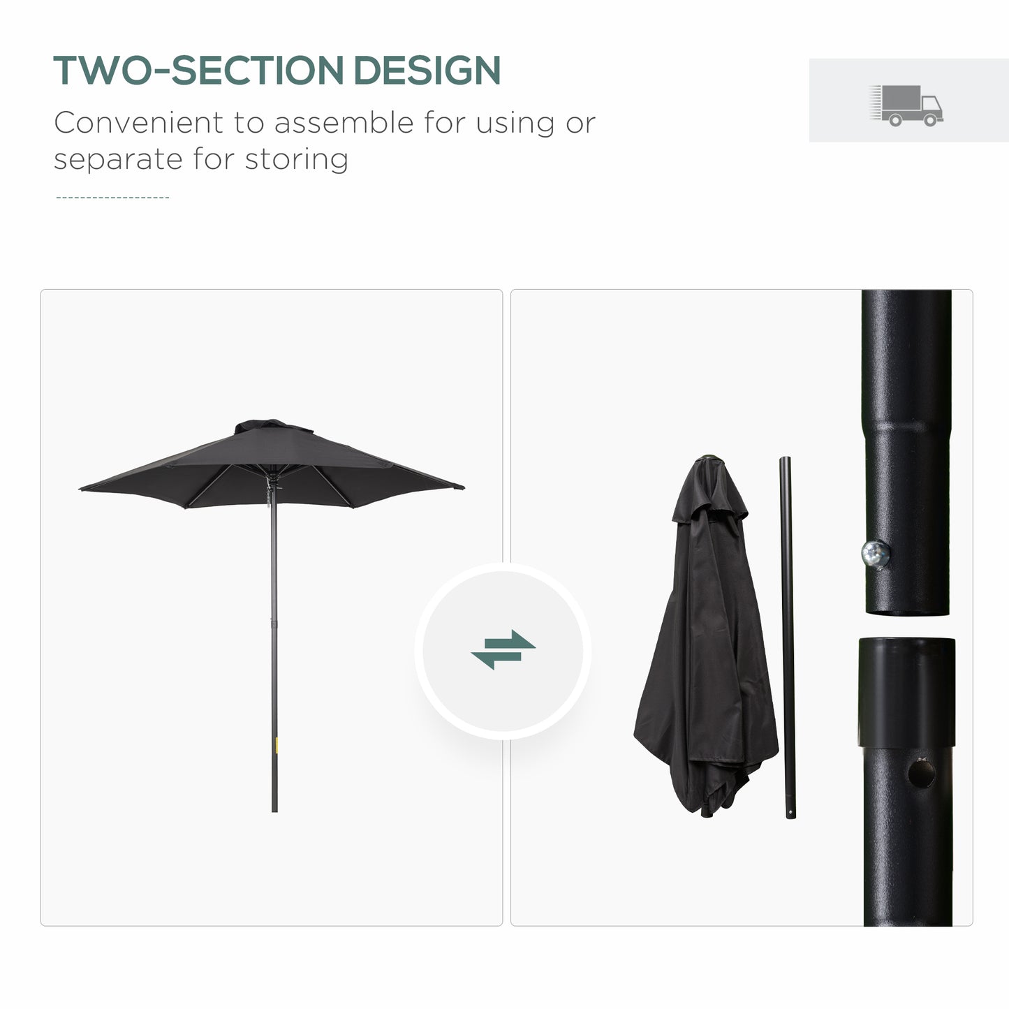 Outsunny 2m Parasol ogrodowy, zewnętrzny parasol przeciwsłoneczny z 6 wytrzymałymi żebrami na balkon, ławkę, ogród, czarny