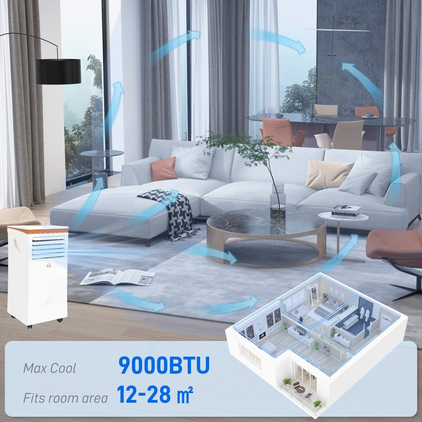 HOMCOM 9000 BTU Air Conditioning Unit, 3-in-1 Portable Air Conditioner, Dehumidifier, Cooling Fan with Remote, LED Display, 2 Speeds, 24H Timer, Window Venting Kit, 28m²